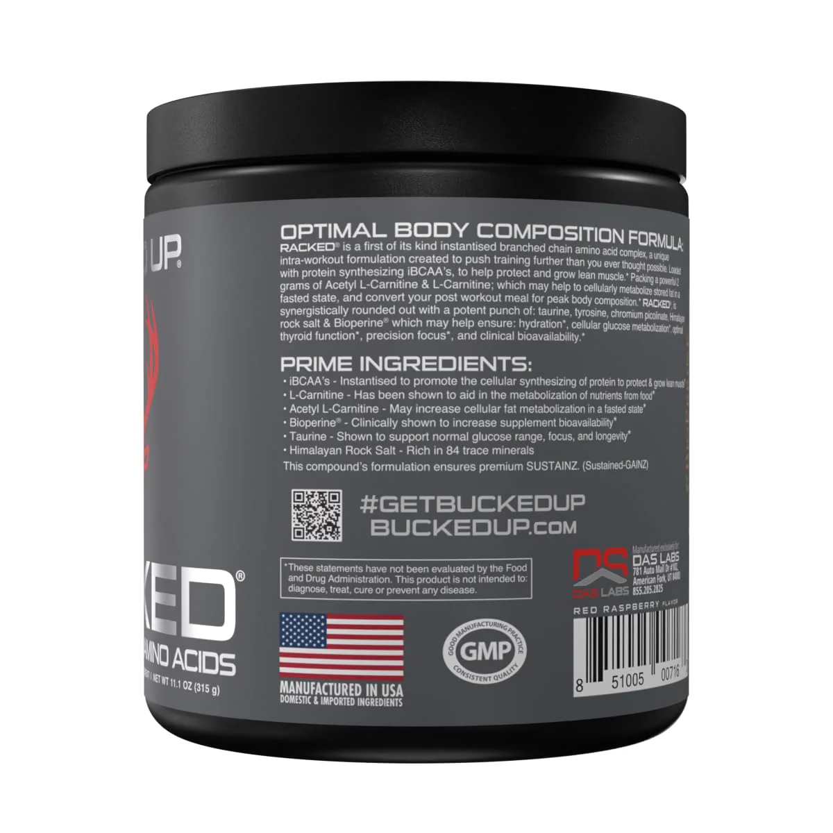 Bucked Up- BCAA RACKED™ Branch Chained Amino Acids | L-Carnitine, Acetyl L-Carnitine, GBB | Post Workout Recovery, Protein Synthesis, Lean Muscle BCAAs That You Can Feel! 30 Servings (Blood Raz) - Image 2