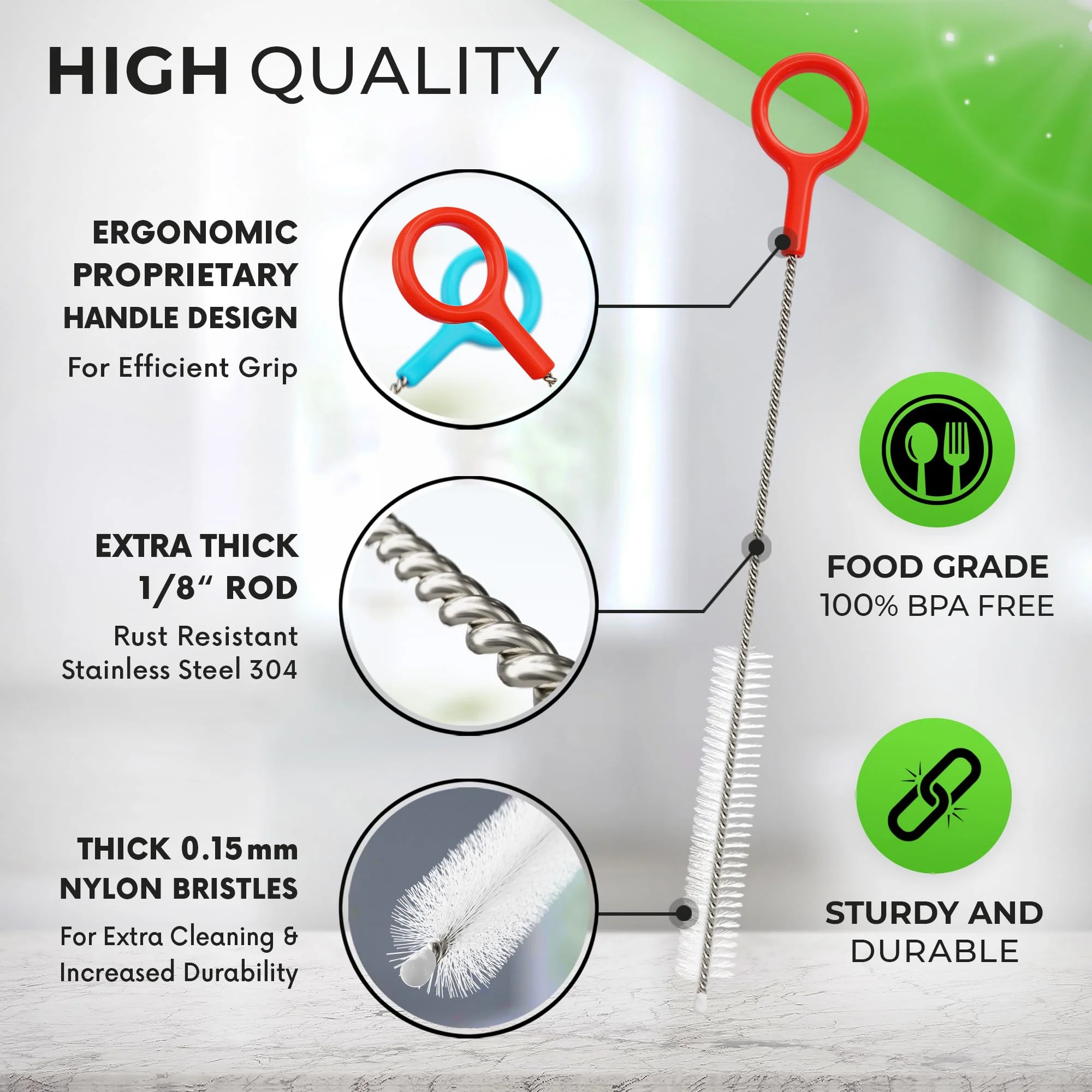 Buenalife Heavy Duty Cleaning Brushes Set of 8 - Extra Long Straw Cleaners for Metal and Plastic Reusable Drinking Straws, to Clean Small Spaces, Sippy Cups, Water Bottles - Sturdy Hard Brush Bristles - Image 5