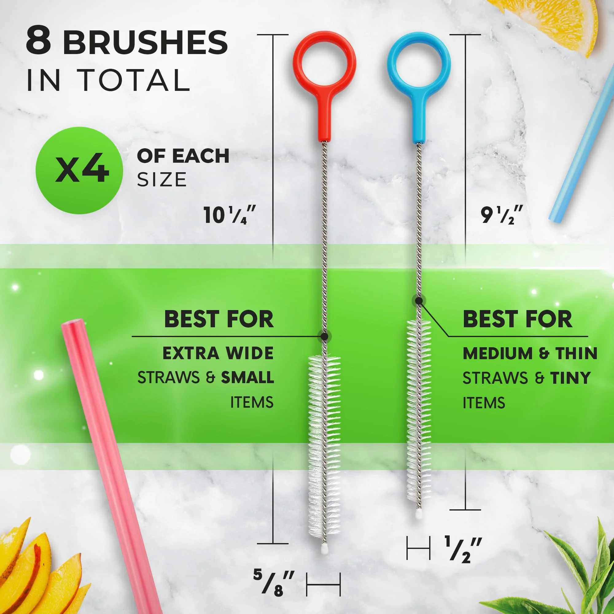 Buenalife Heavy Duty Cleaning Brushes Set of 8 - Extra Long Straw Cleaners for Metal and Plastic Reusable Drinking Straws, to Clean Small Spaces, Sippy Cups, Water Bottles - Sturdy Hard Brush Bristles - Image 6