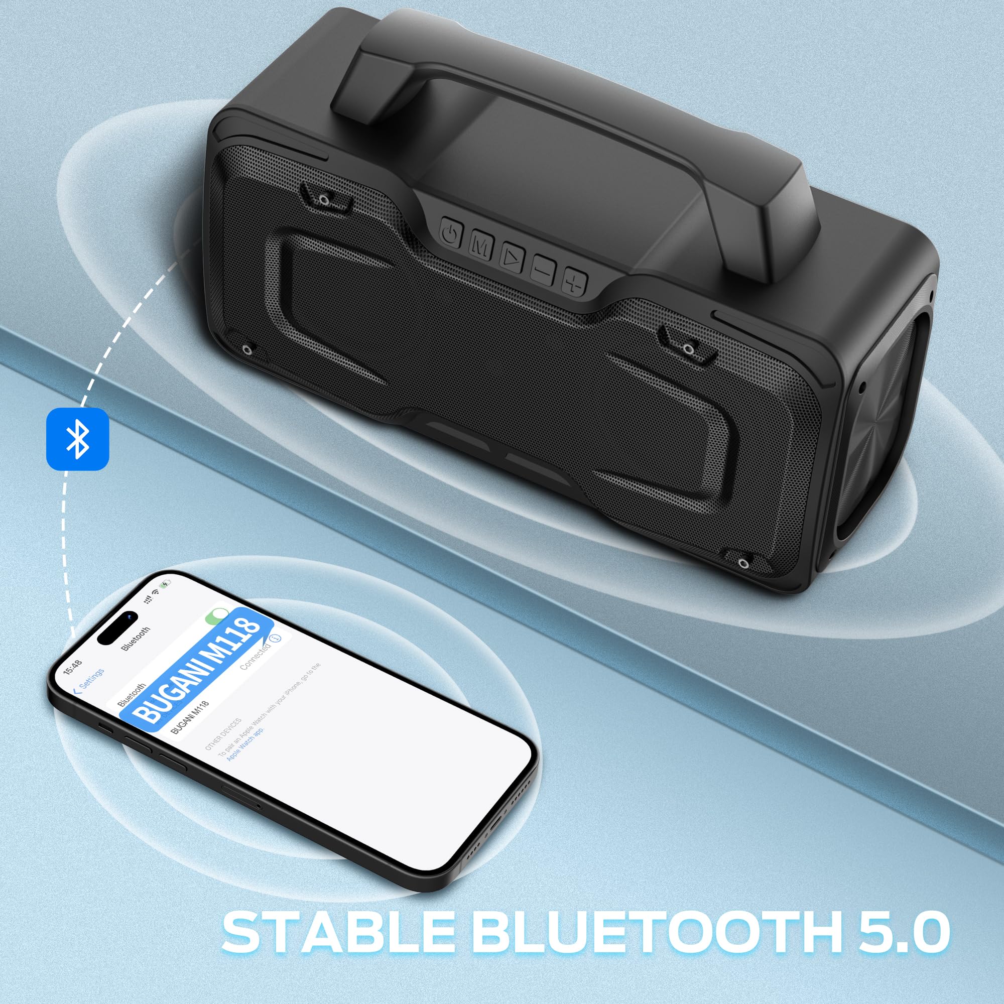 BUGANI Bluetooth Speaker, 80W Powerful Portable Wireless Speakers IPX7 Waterproof Speaker, Outdoor Loud Speakers with Handle 24H Playtime, Support Microphone AUX USB Suitable for Party, Pool, Black - Image 3