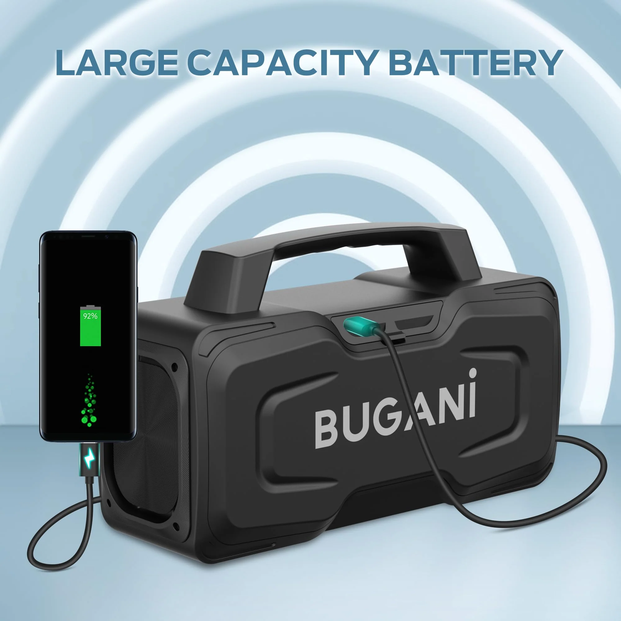BUGANI Bluetooth Speaker, 80W Powerful Portable Wireless Speakers IPX7 Waterproof Speaker, Outdoor Loud Speakers with Handle 24H Playtime, Support Microphone AUX USB Suitable for Party, Pool, Black - Image 5