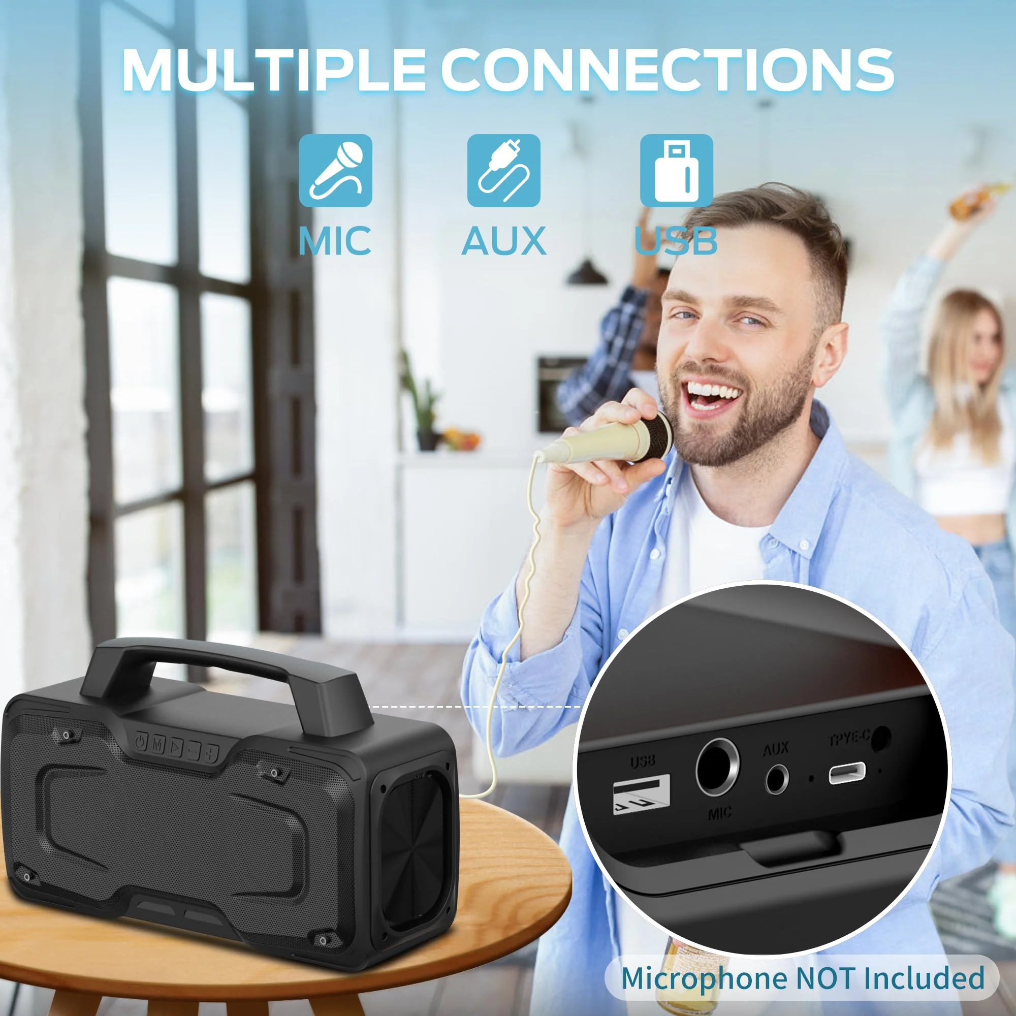 BUGANI Bluetooth Speaker, 80W Powerful Portable Wireless Speakers IPX7 Waterproof Speaker, Outdoor Loud Speakers with Handle 24H Playtime, Support Microphone AUX USB Suitable for Party, Pool, Black - Image 6
