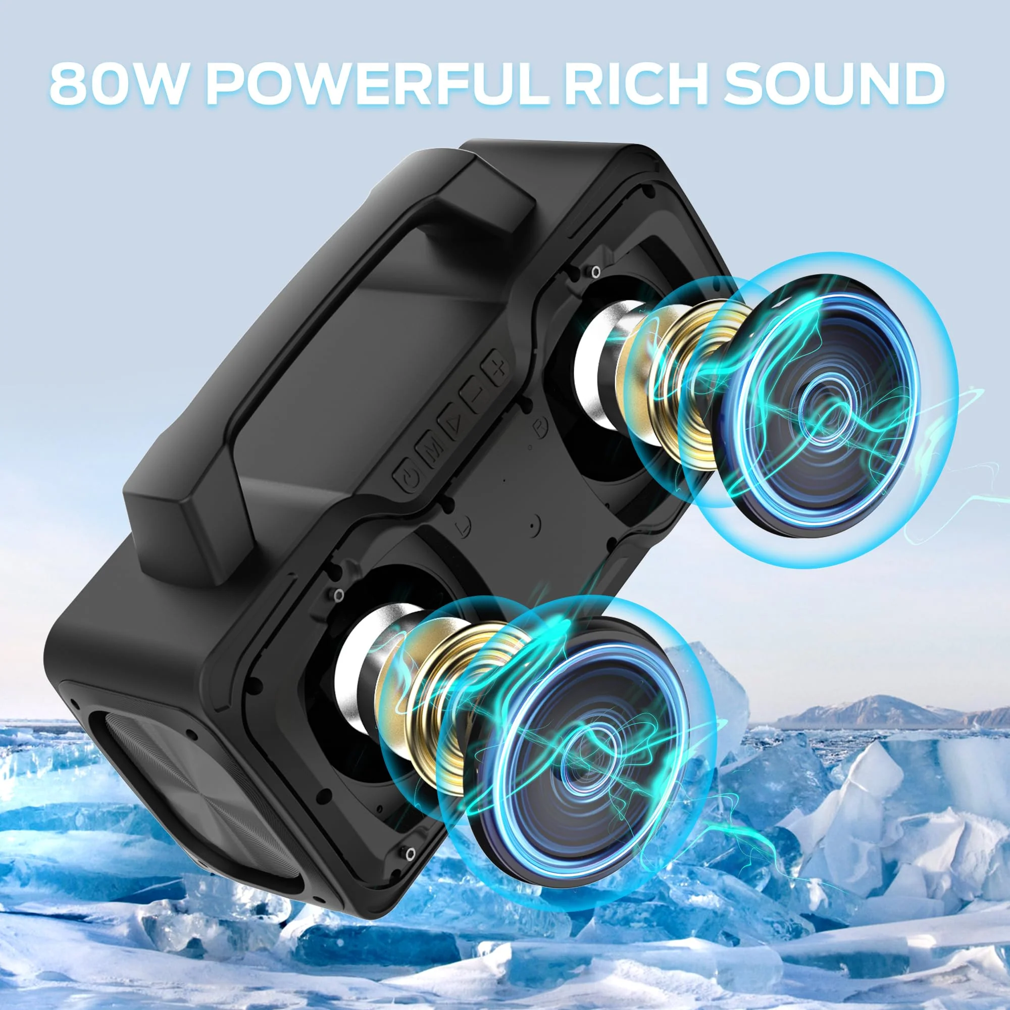 BUGANI Bluetooth Speaker, 80W Powerful Portable Wireless Speakers IPX7 Waterproof Speaker, Outdoor Loud Speakers with Handle 24H Playtime, Support Microphone AUX USB Suitable for Party, Pool, Black - Image 8