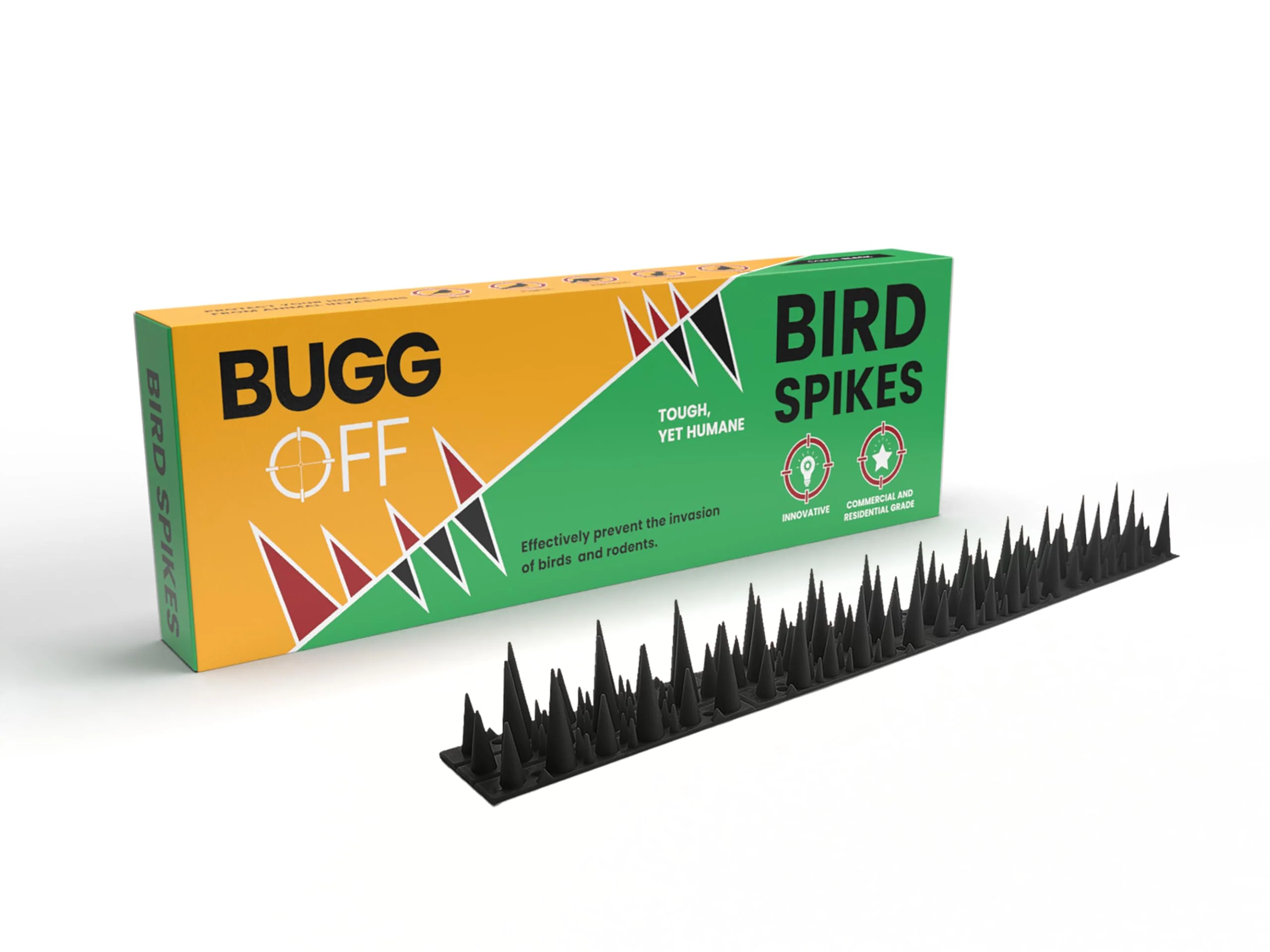 BUGG OFF - Bird & Rodent Spikes, Unique Spike Pattern effecitviely deteres Pesky Pigeons, Squirrels, Raccoons. Installs on Fences, Gates, Roofs, Walls and More! (15 Feet, Black Plastic)