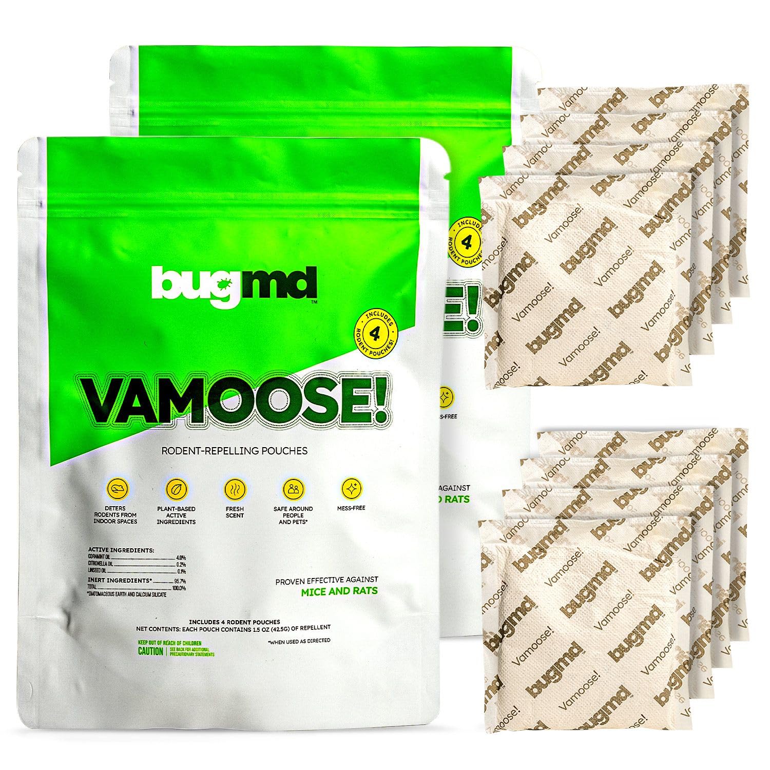 BugMD Vamoose! Rodent Repellent Pouches (2 Pack, 8 Pouches) Plant-Powered Rat Repellent, Mouse Deterrent, Indoor & Outdoor Mice Repellent, Best Mouse Repellent, Natural Rat & Mouse Repellent - Image 2