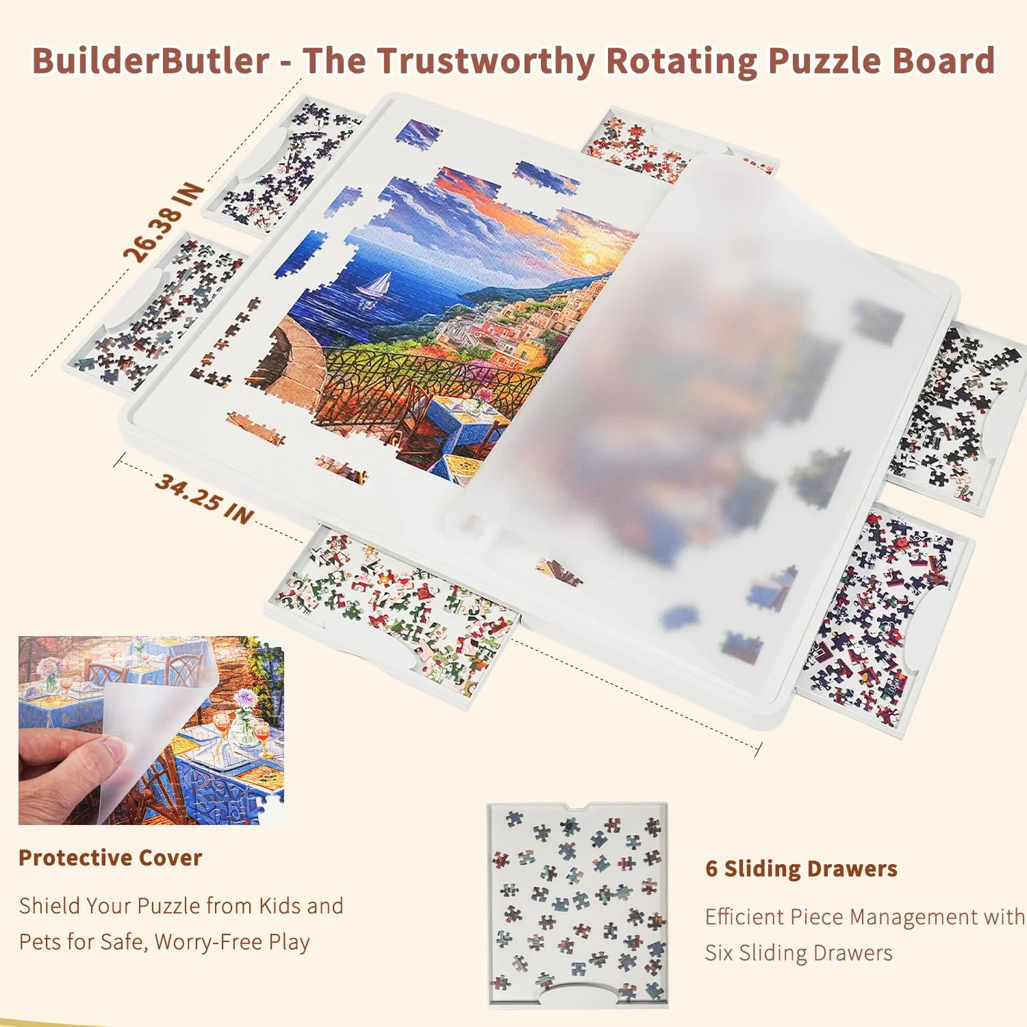 BuilderButler Lightweight 1500 Pieces Rotating Puzzle Board with 6 Sliding Drawers and Cover – 360° Lazy Susan Spinning, 34.25"x26.38" Portable Plastic Puzzle Table, for Mom - Image 3