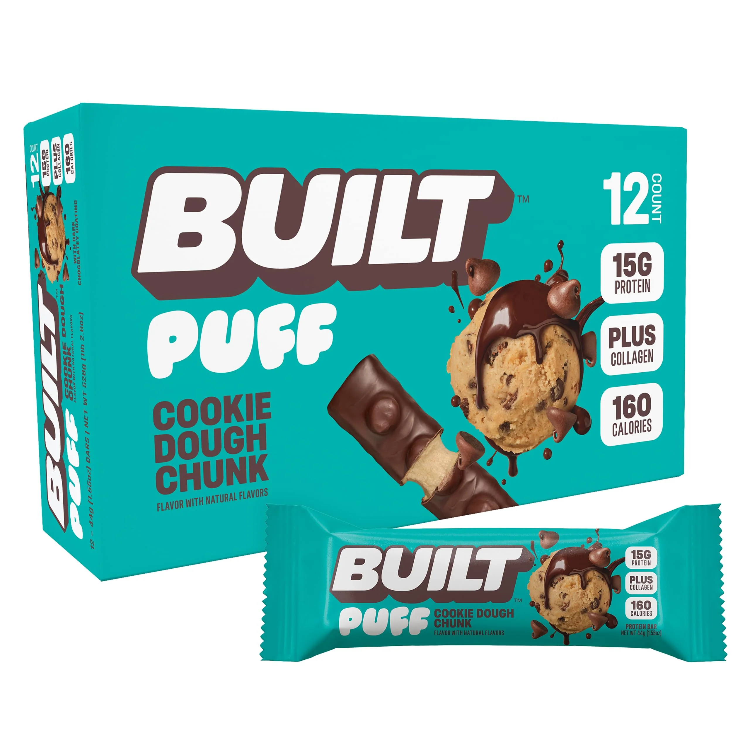 Built Bar 12 Pack High Protein and Energy Bars - Low Carb, Low Calorie, Low Sugar - Covered in 100% Real Chocolate - Delicious, Healthy Snack - (Cookie Dough Chunk Puff)
