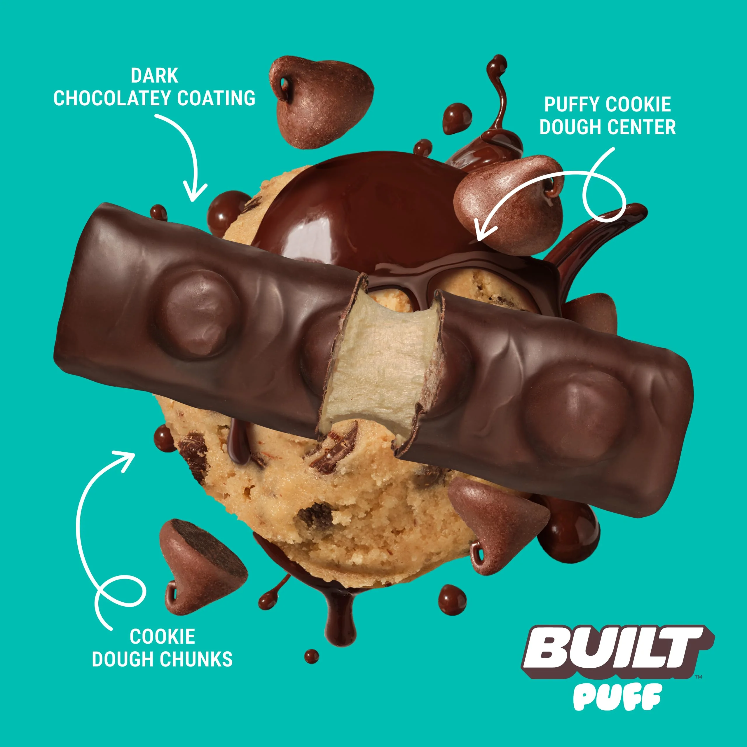 Built Bar 12 Pack High Protein and Energy Bars - Low Carb, Low Calorie, Low Sugar - Covered in 100% Real Chocolate - Delicious, Healthy Snack - (Cookie Dough Chunk Puff) - Image 2