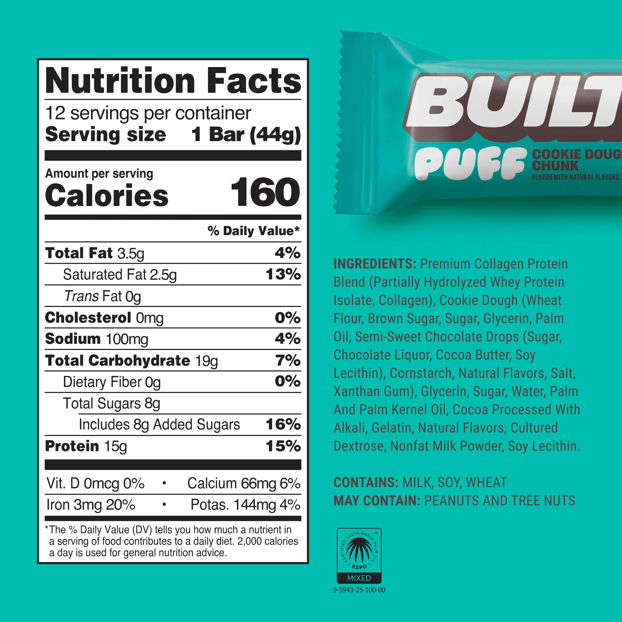 Built Bar 12 Pack High Protein and Energy Bars - Low Carb, Low Calorie, Low Sugar - Covered in 100% Real Chocolate - Delicious, Healthy Snack - (Cookie Dough Chunk Puff) - Image 3