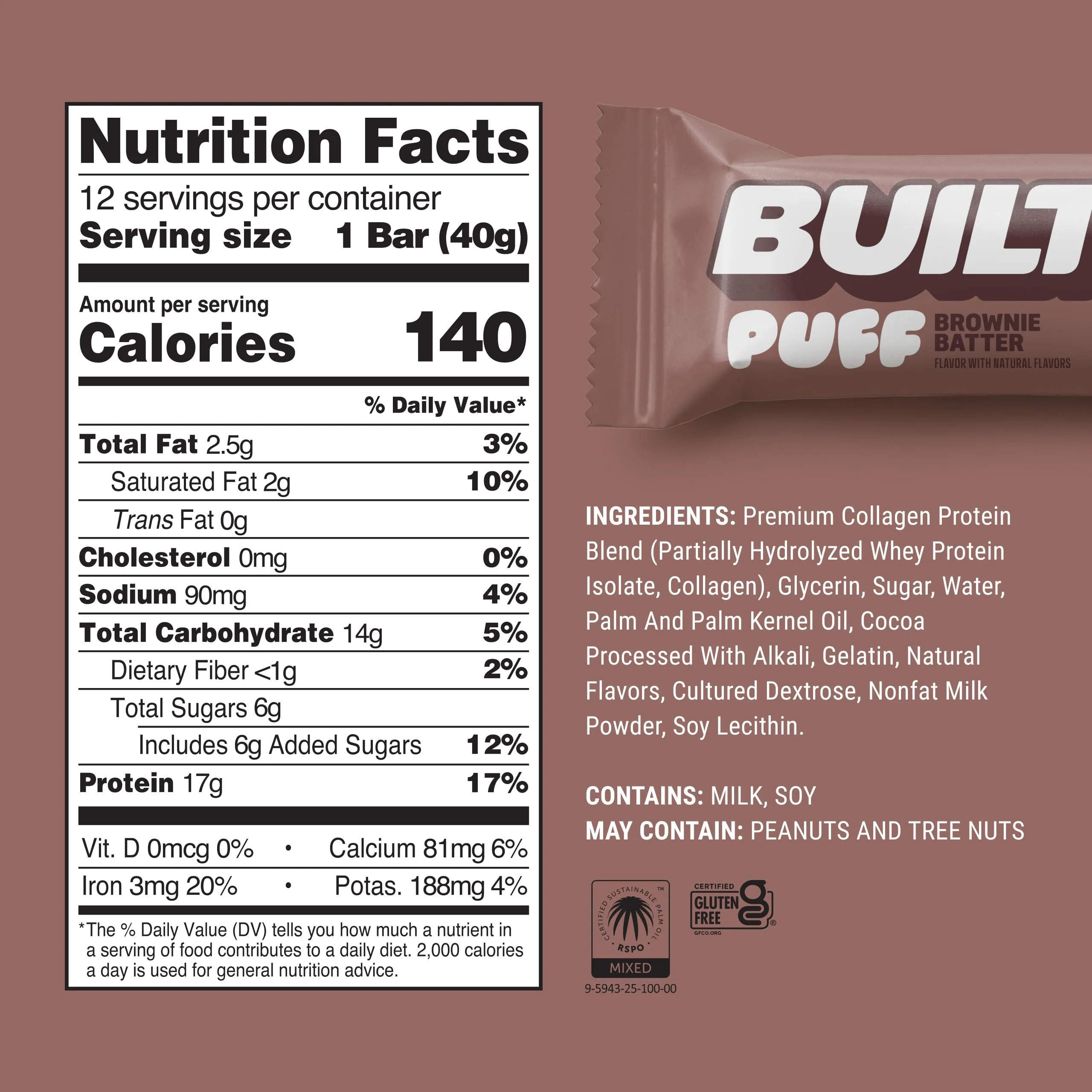 BUILT Bar Puff Protein Bars - Brownie Batter - 17g Protein Snack Bars with Collagen - Calorie Conscious & Gluten Free - 12 Count - Image 9