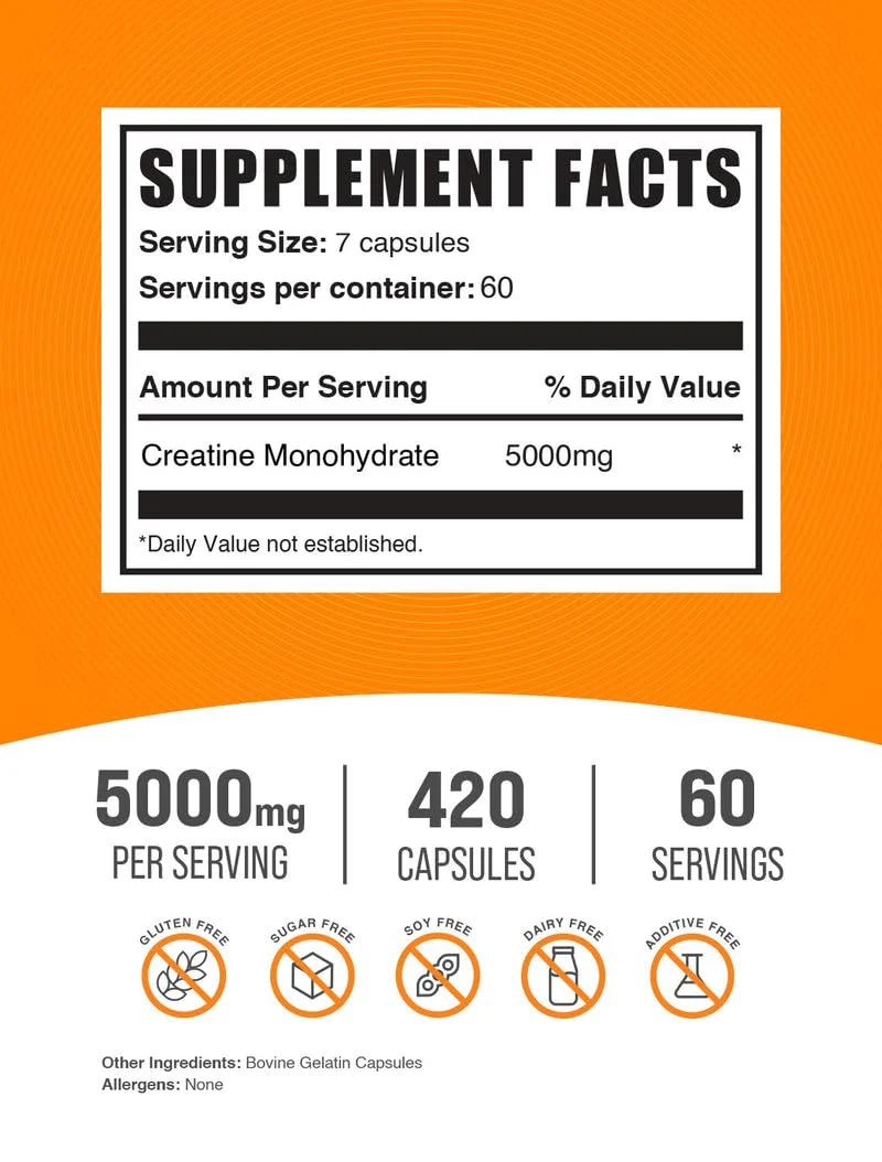 BulkSupplements.com Creatine Monohydrate Capsules - Micronized Creatine Pills - Gluten Free, 7 Capsules per Serving (5000mg), 420 Count (Pack of 1) - Image 2