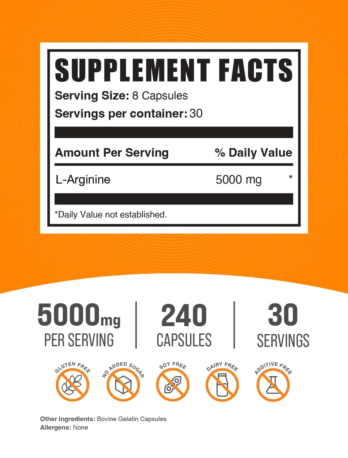 BulkSupplements.com L-Arginine Capsules - Arginine Supplement, Nitric Oxide Supplement - Gluten Free, 8 Capsules per Serving (5000mg), 240 Count (Pack of 1) - Image 7