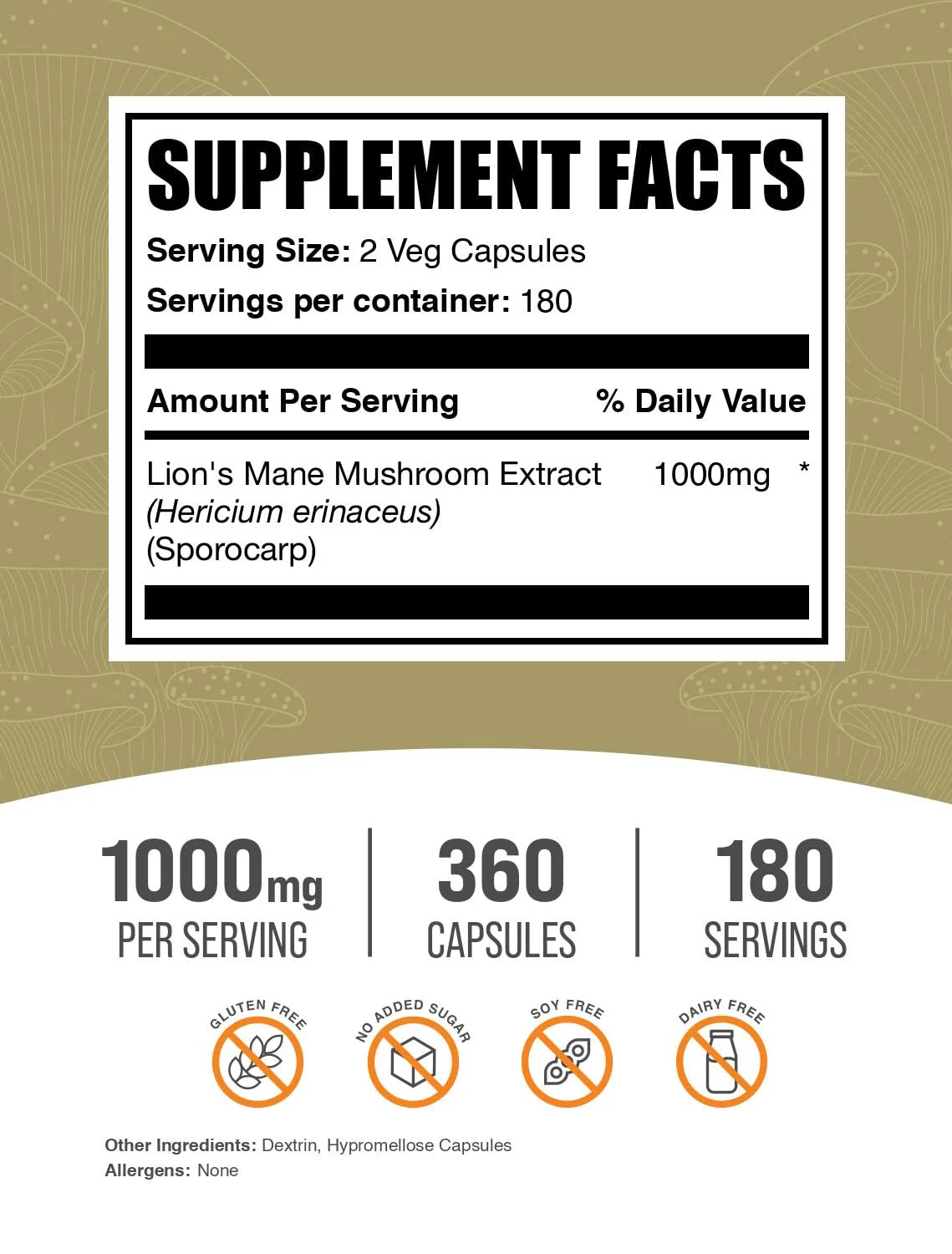 BulkSupplements.com Lion's Mane Mushroom Extract Capsules - Mushroom Supplement, Brain Supplement for Memory and Focus Support - Vegan, 2 Capsules per Serving (1000mg), 360 Capsules (Pack of 1) - Image 5