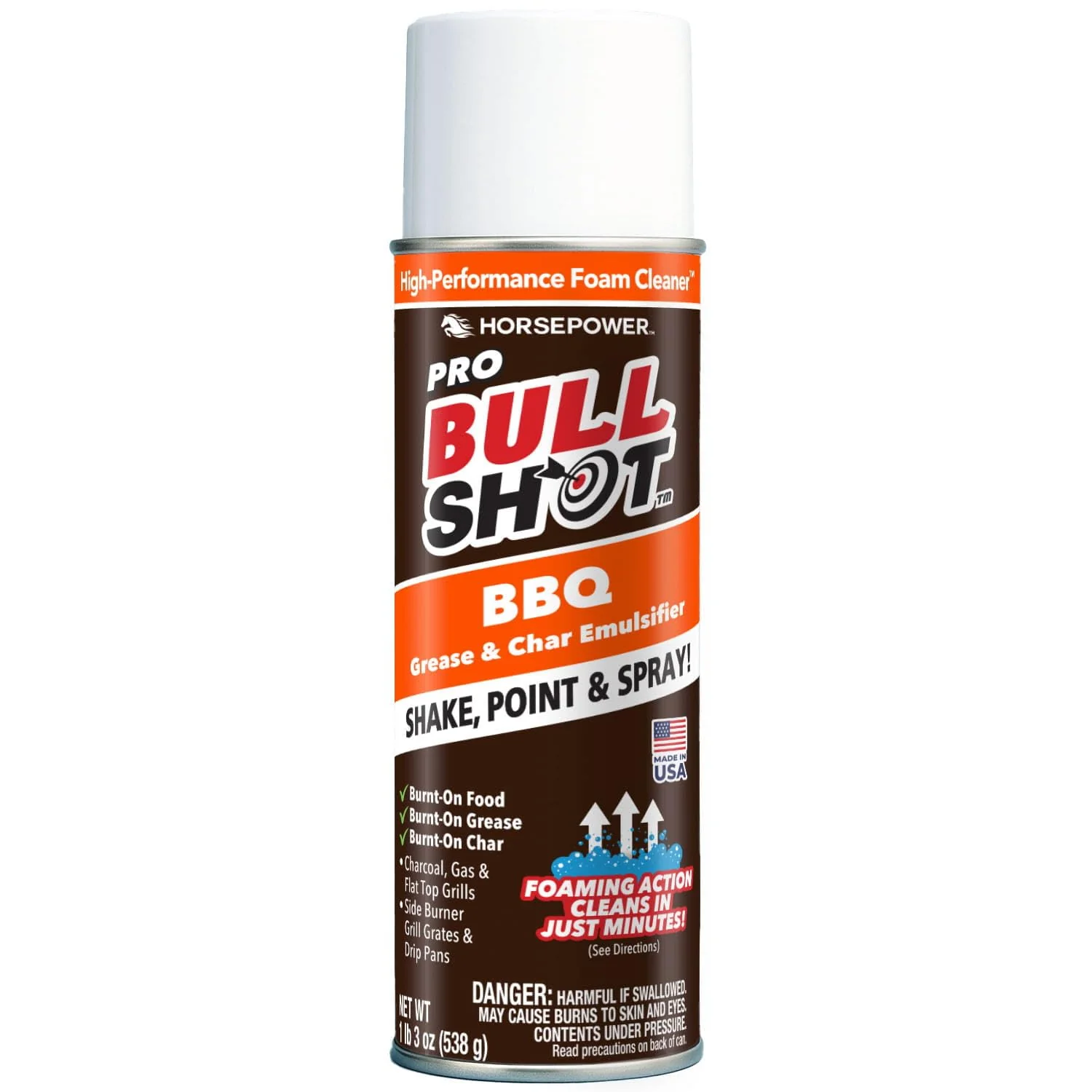 Bull Shot BBQ Pro, Foaming Grill Cleaner, AS SEEN ON TV, Professional Strength Foam Spray Emulsifies Burnt Grease & Char on Grates, Racks, Pans, Smokers & Griddles Cleans in Just 10 Min - Made in USA