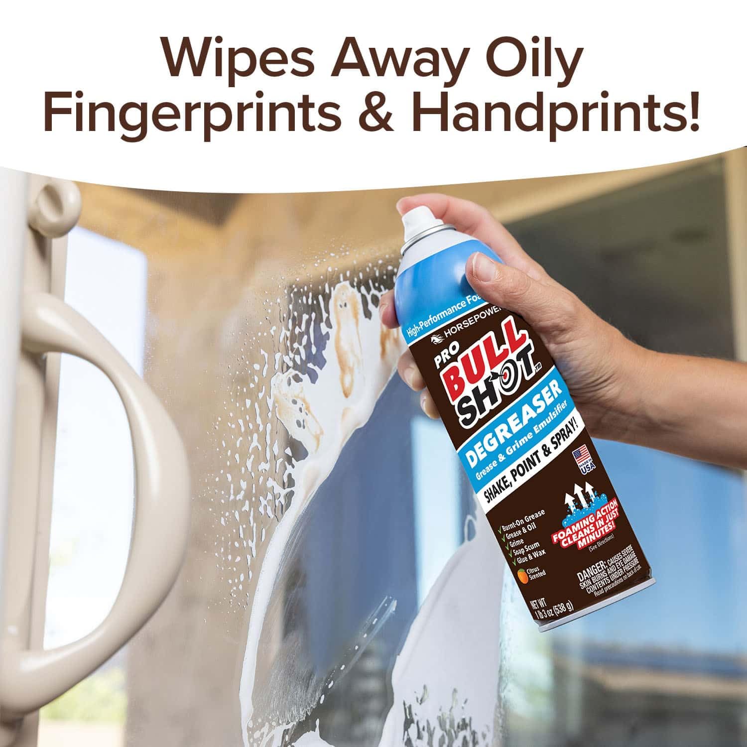 Bull Shot Degreaser Pro, Foaming Degreaser & Grime Remover, Heavy-Duty, AS SEEN ON TV, Residue-Free, Shake, Point & Spray, Emulsifies Grease, Oil Splatters, Glue, Tape Residue & More - Made in the USA - Image 4