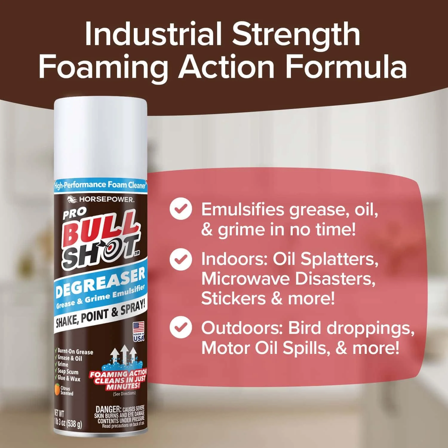 Bull Shot Degreaser Pro, Foaming Degreaser & Grime Remover, Heavy-Duty, AS SEEN ON TV, Residue-Free, Shake, Point & Spray, Emulsifies Grease, Oil Splatters, Glue, Tape Residue & More - Made in the USA - Image 7