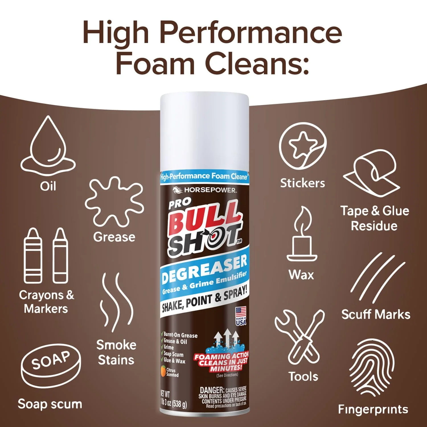 Bull Shot Degreaser Pro, Foaming Degreaser & Grime Remover, Heavy-Duty, AS SEEN ON TV, Residue-Free, Shake, Point & Spray, Emulsifies Grease, Oil Splatters, Glue, Tape Residue & More - Made in the USA - Image 8