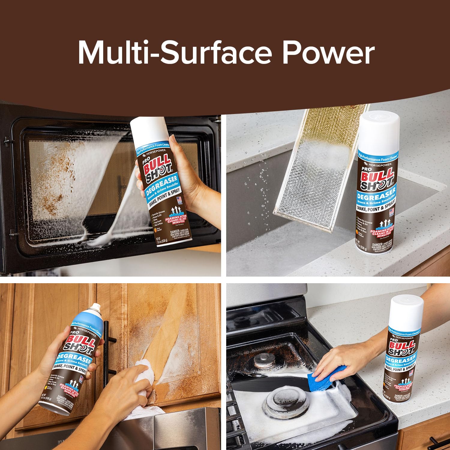 Bull Shot Degreaser Pro, Foaming Degreaser & Grime Remover, Heavy-Duty, AS SEEN ON TV, Residue-Free, Shake, Point & Spray, Emulsifies Grease, Oil Splatters, Glue, Tape Residue & More - Made in the USA - Image 9