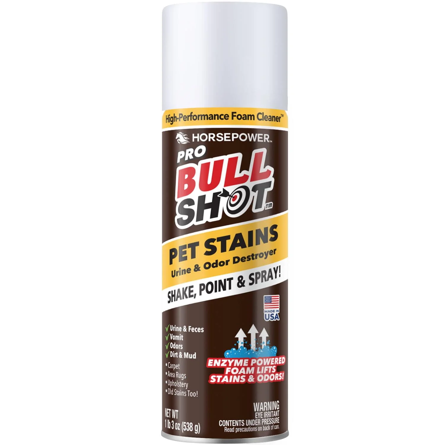 Bull Shot Pet Pro Stain Remover, AS SEEN ON TV, Urine & Odor Emulsifier, Enzyme-Powered Professional Strength Foam for Urine, Feces, Vomit, Odors, Dirt On Carpet, Area Rugs, Upholstery, Old Stains