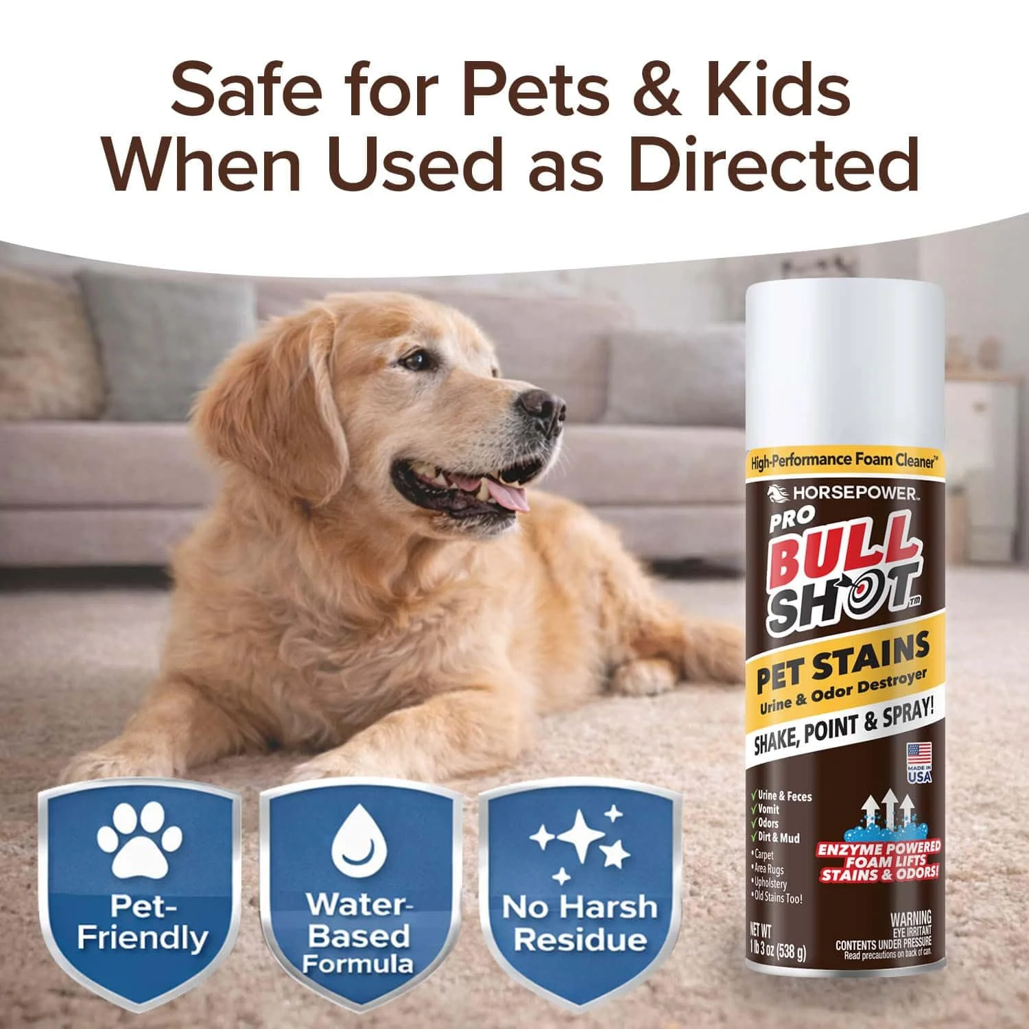 Bull Shot Pet Pro Stain Remover, AS SEEN ON TV, Urine & Odor Emulsifier, Enzyme-Powered Professional Strength Foam for Urine, Feces, Vomit, Odors, Dirt On Carpet, Area Rugs, Upholstery, Old Stains - Image 4