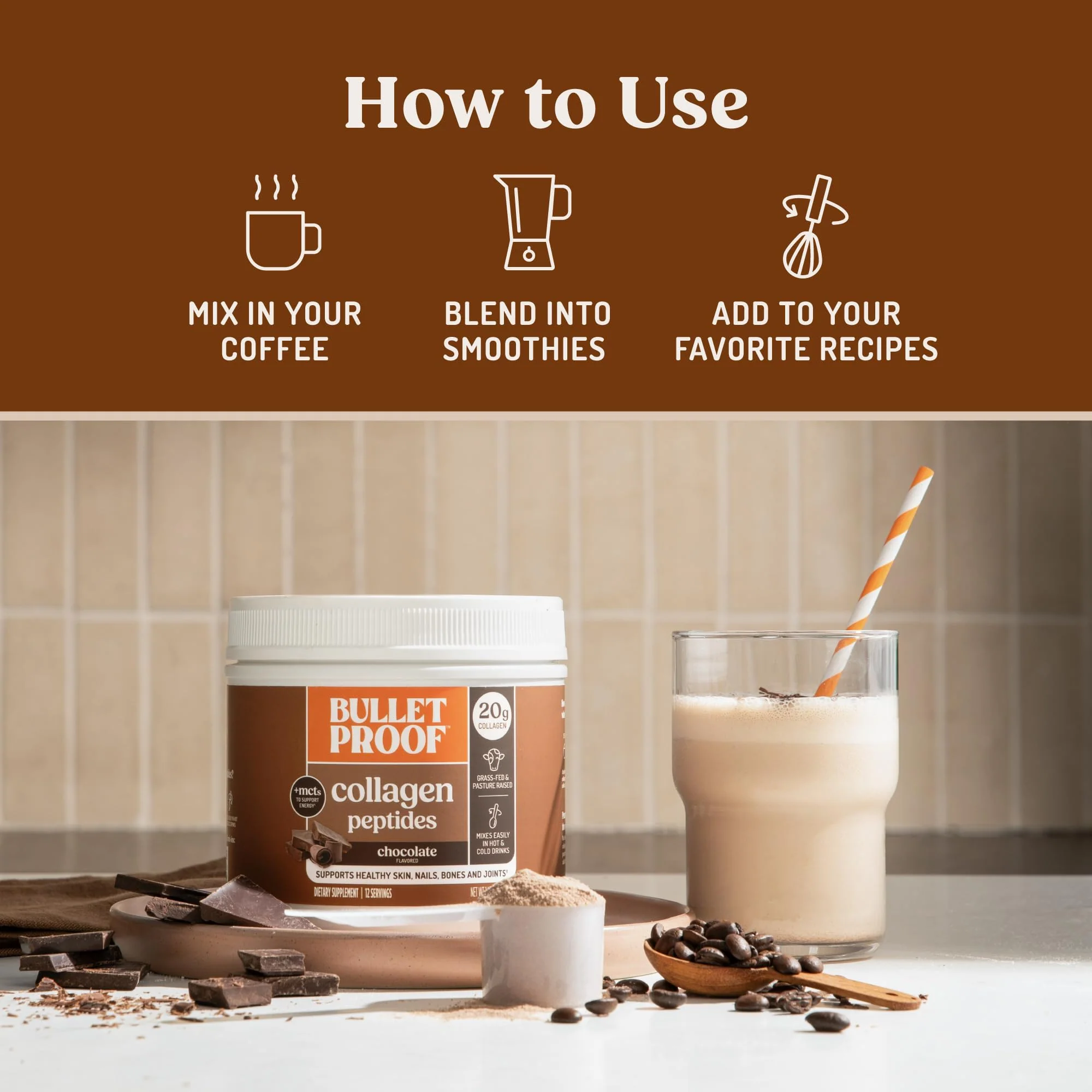 Bulletproof Chocolate Collagen Peptides Powder with MCT Oil, 14.3 Ounces, Grass-Fed Collagen Protein for Skin, Bone and Joint Support, Pasture Raised, No Added Hormones - Image 5