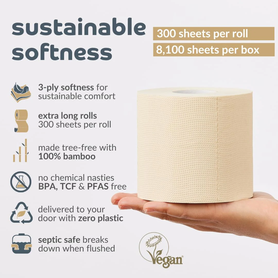 Bumboo Bamboo Toilet Roll 24 Pack | Unbleached Toilet Paper 3 ply, 300 Sheets | Eco Toilet Rolls | Plastic-Free, Soft, Strong & Sustainable Toilet Tissue, Beige - Image 8