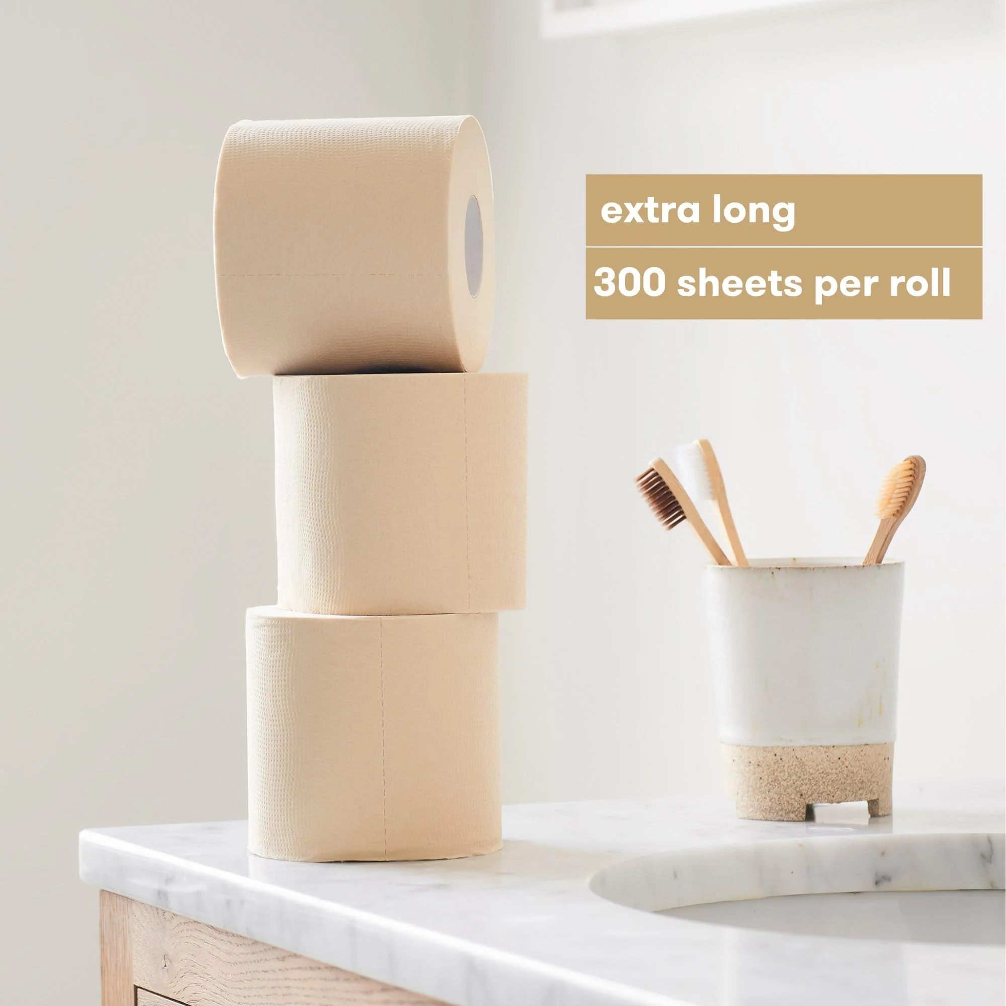 Bumboo Bamboo Toilet Roll 24 Pack | Unbleached Toilet Paper 3 ply, 300 Sheets | Eco Toilet Rolls | Plastic-Free, Soft, Strong & Sustainable Toilet Tissue, Beige - Image 9