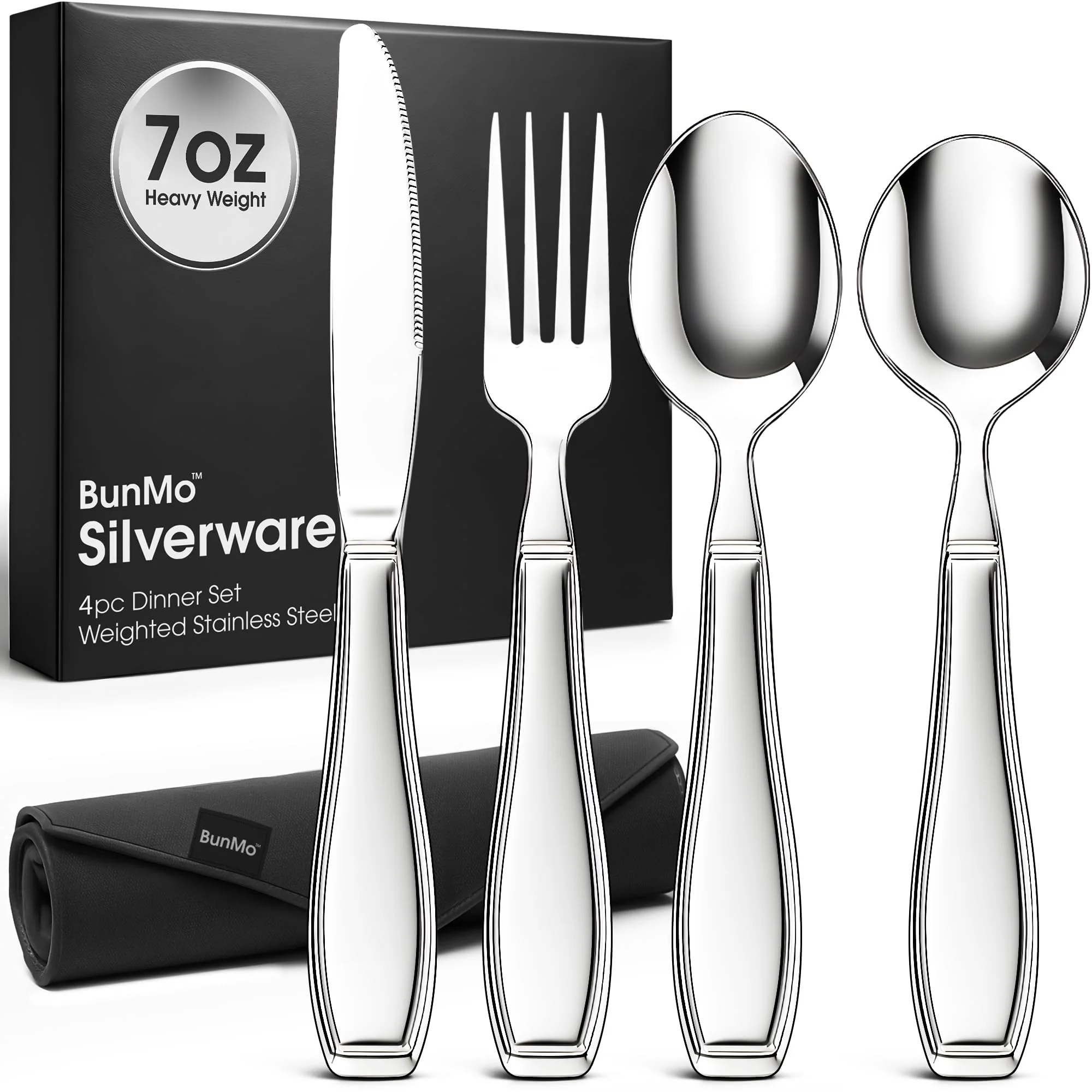 BUNMO Weighted Utensils for Hand Tremors – 4pc Adaptive Utensils for Elderly, Persons w/weak hands – Discreet Travel Wrap, Stainless Steel & Dishwasher Safe – Weighted Silverware Set
