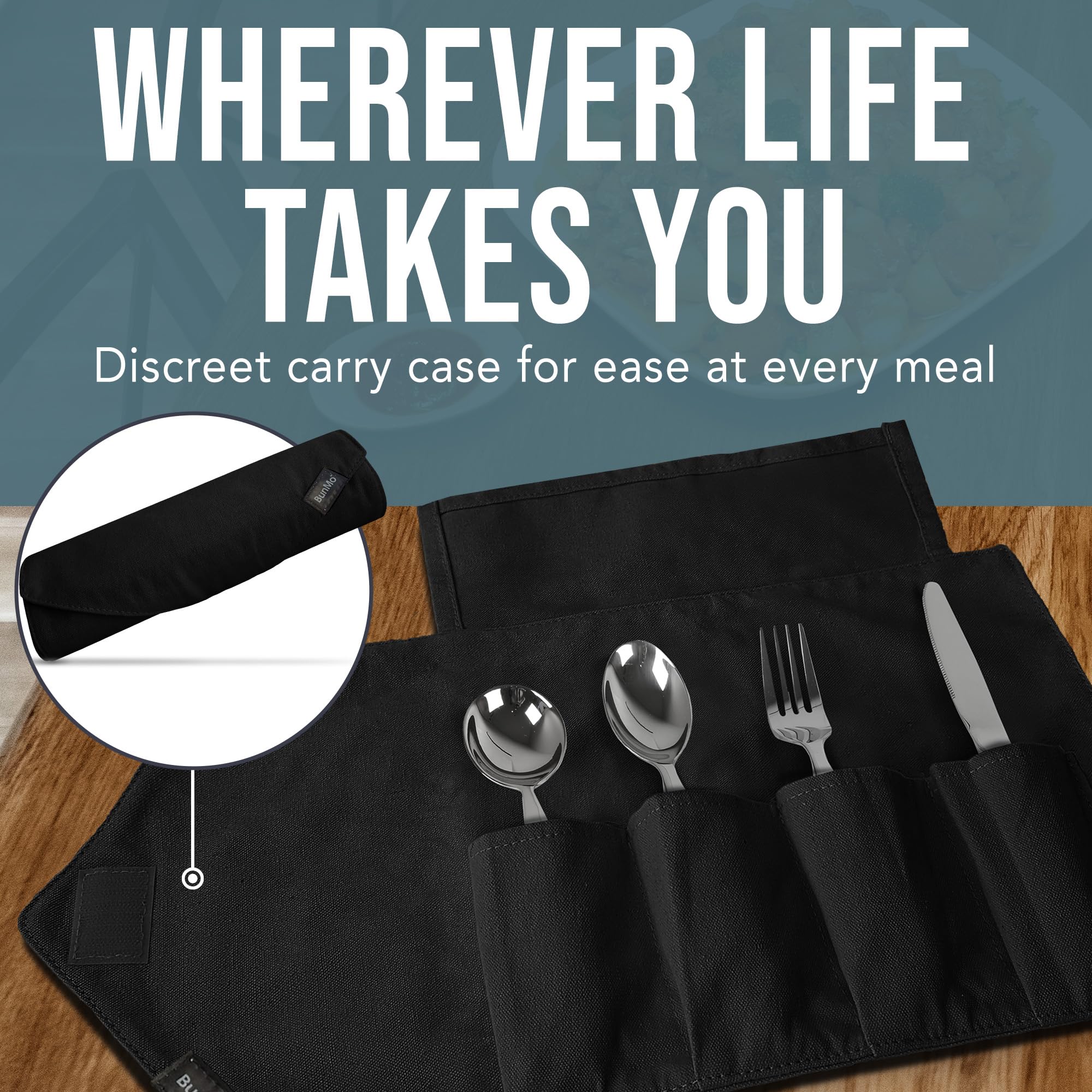 BUNMO Weighted Utensils for Hand Tremors – 4pc Adaptive Utensils for Elderly, Persons w/weak hands – Discreet Travel Wrap, Stainless Steel & Dishwasher Safe – Weighted Silverware Set - Image 3