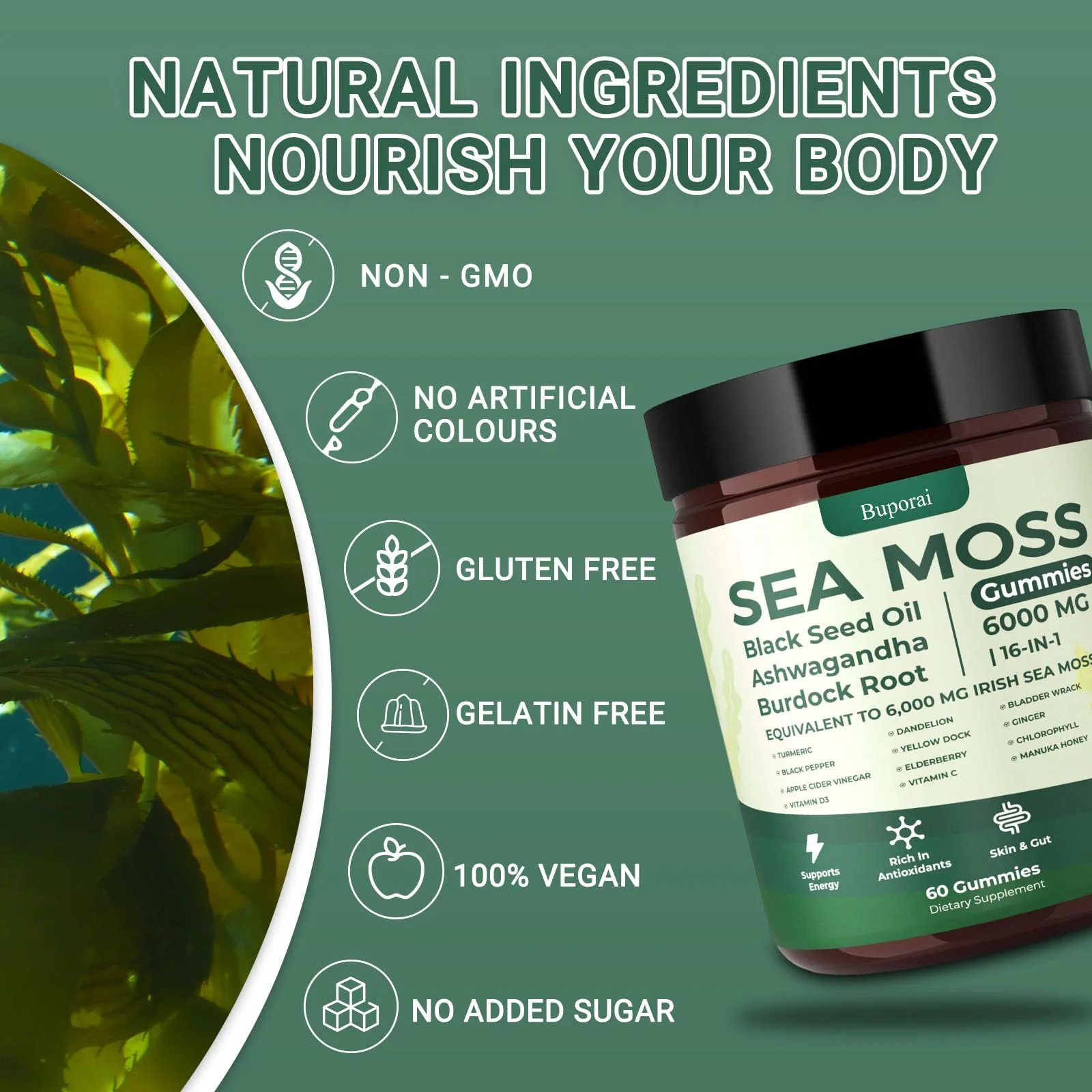Buporai Sea Moss Gummies 16-1, Black Seed Oil Ashwagandha Turmeric Bladder Wrack Vitamin C Vitamin D3 Elderberry Manuka Dandelion Yellow Dock Apple Cider Vinegar for Men & Women - Image 2