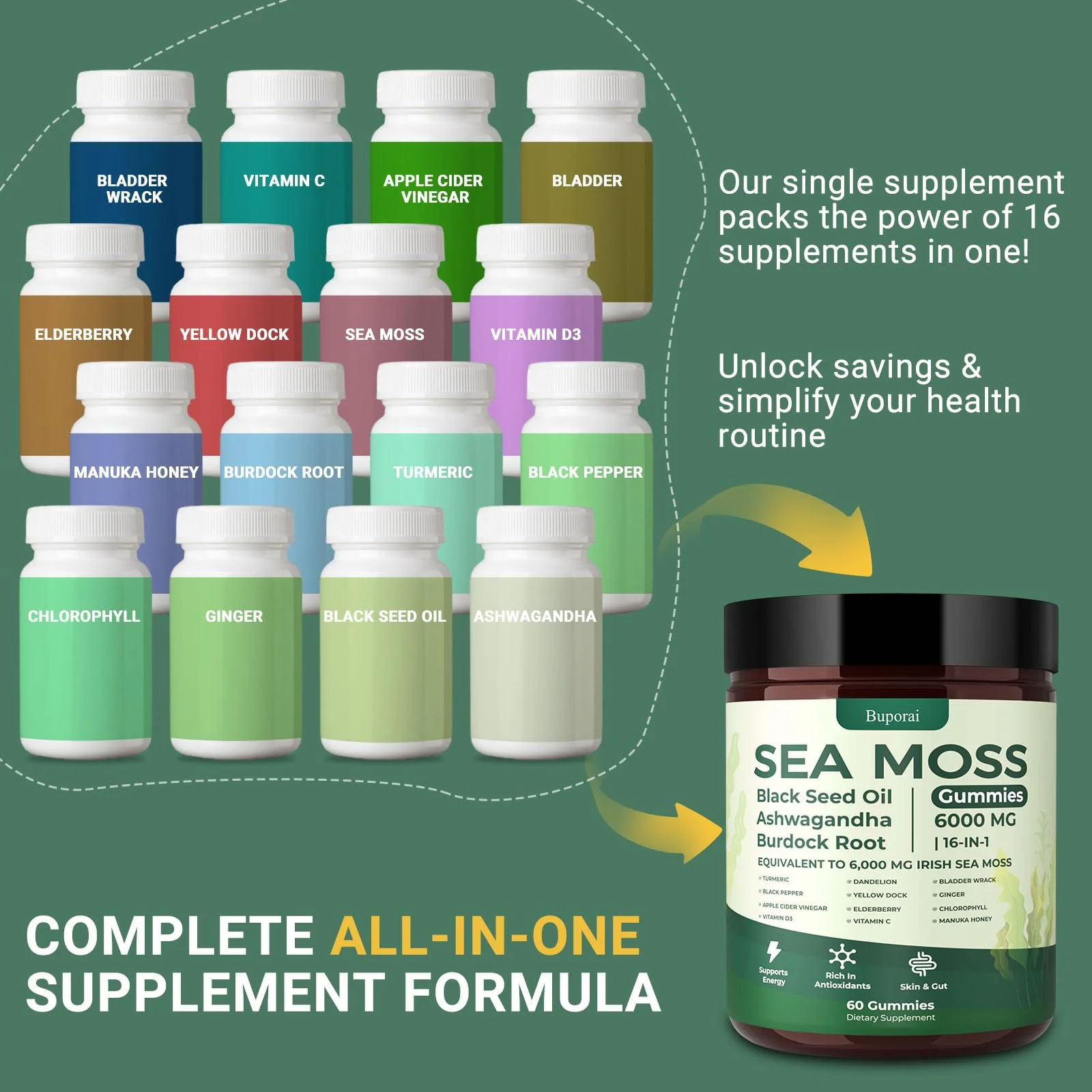 Buporai Sea Moss Gummies 16-1, Black Seed Oil Ashwagandha Turmeric Bladder Wrack Vitamin C Vitamin D3 Elderberry Manuka Dandelion Yellow Dock Apple Cider Vinegar for Men & Women - Image 4