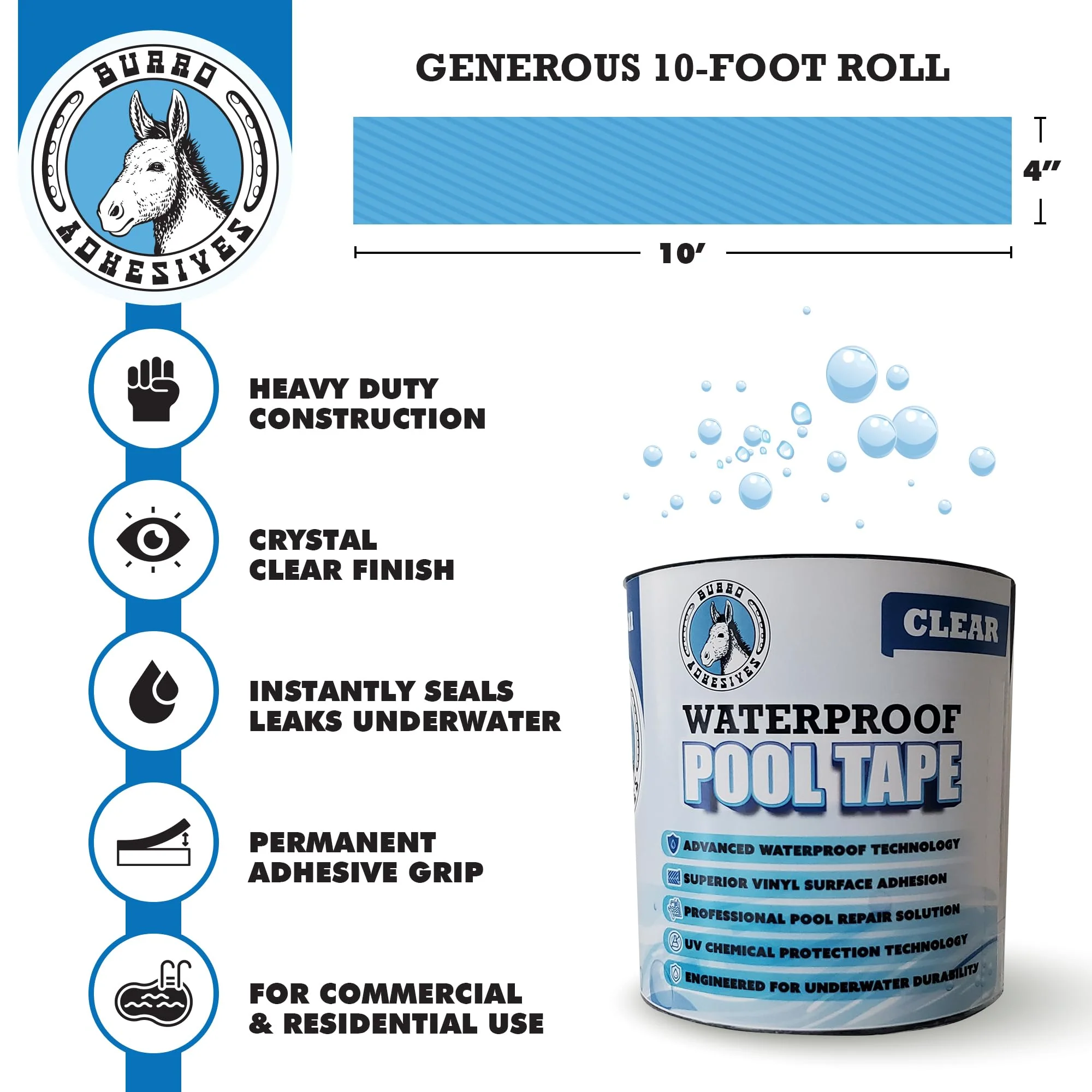 Burro Adhesives Waterproof Clear Pool Tape 4" x 10' - Heavy Duty PVC Vinyl Pool Repair for Underwater & Dry Applications, Commercial & Residential Pools, Instantly Seals Leaks - Image 7