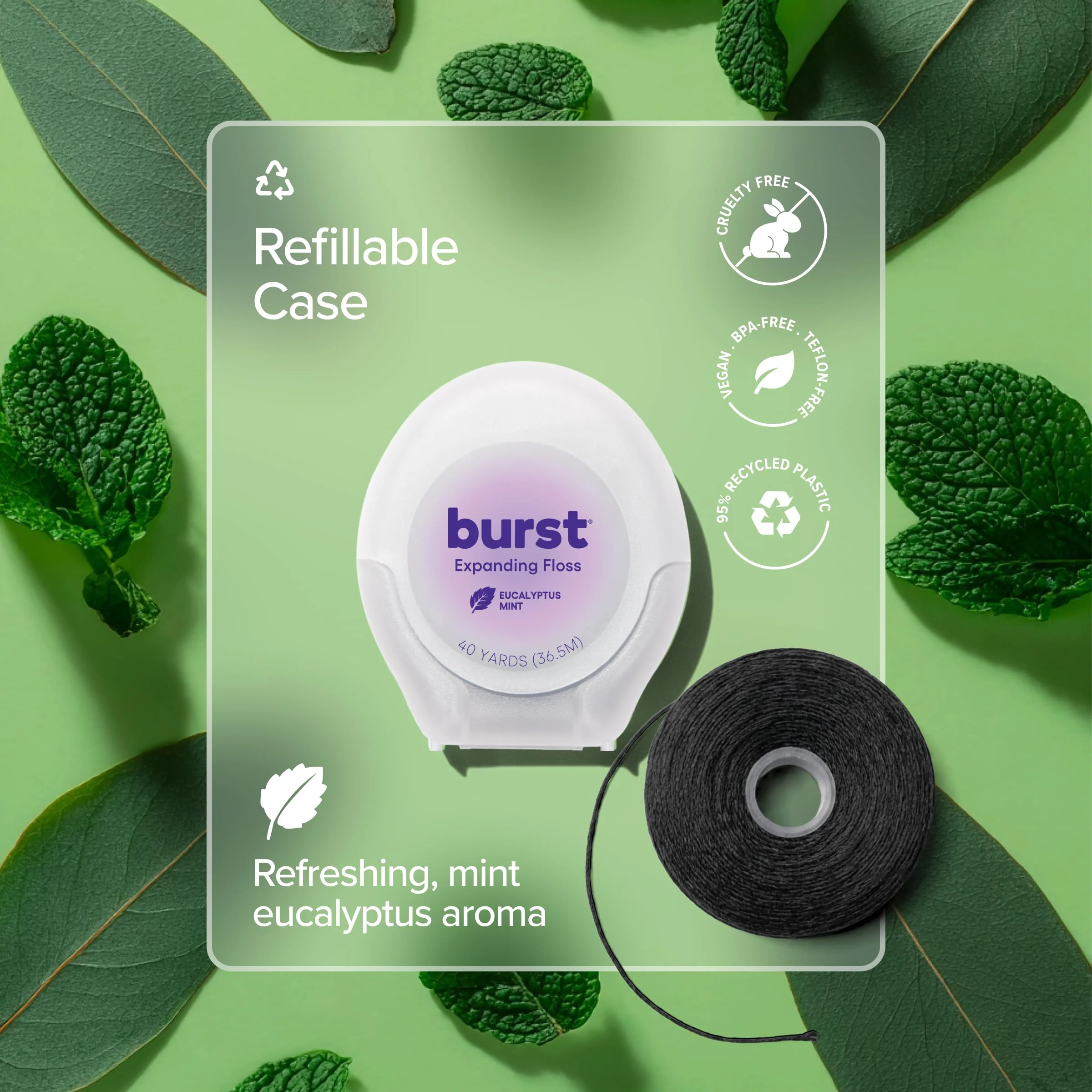 BURST Expanding Dental Floss (Mint Eucalyptus/40 Yards) | Stain Absorbing & Woven Tooth Floss with Xylitol Coating to Fight Cavities | Vegan | Paraben Free Expanding Floss - Image 6