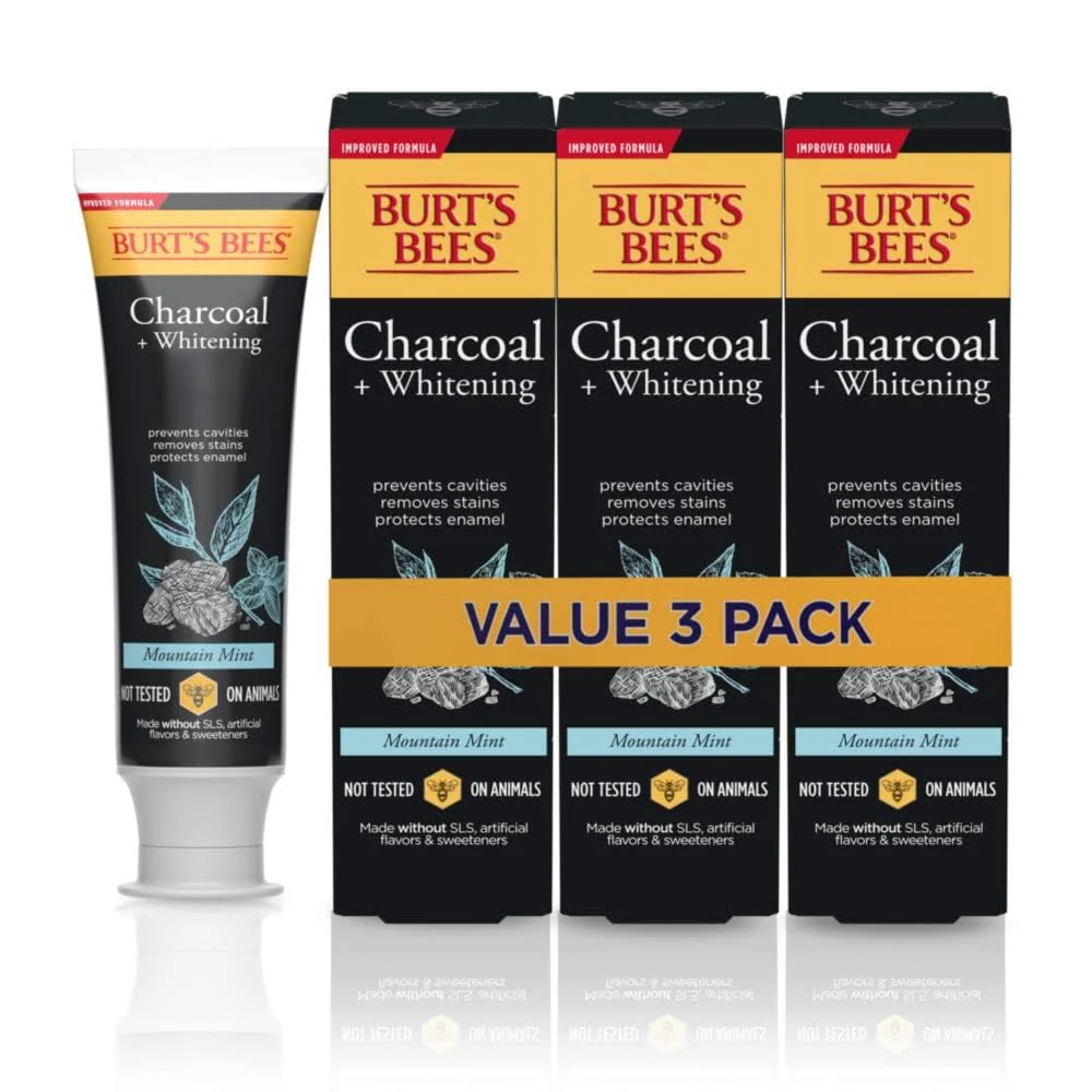 Burt's Bees Toothpaste, Natural Flavor, Charcoal with Fluoride Toothpaste, Mountain Mint, 3 x 4.7oz - Image 2