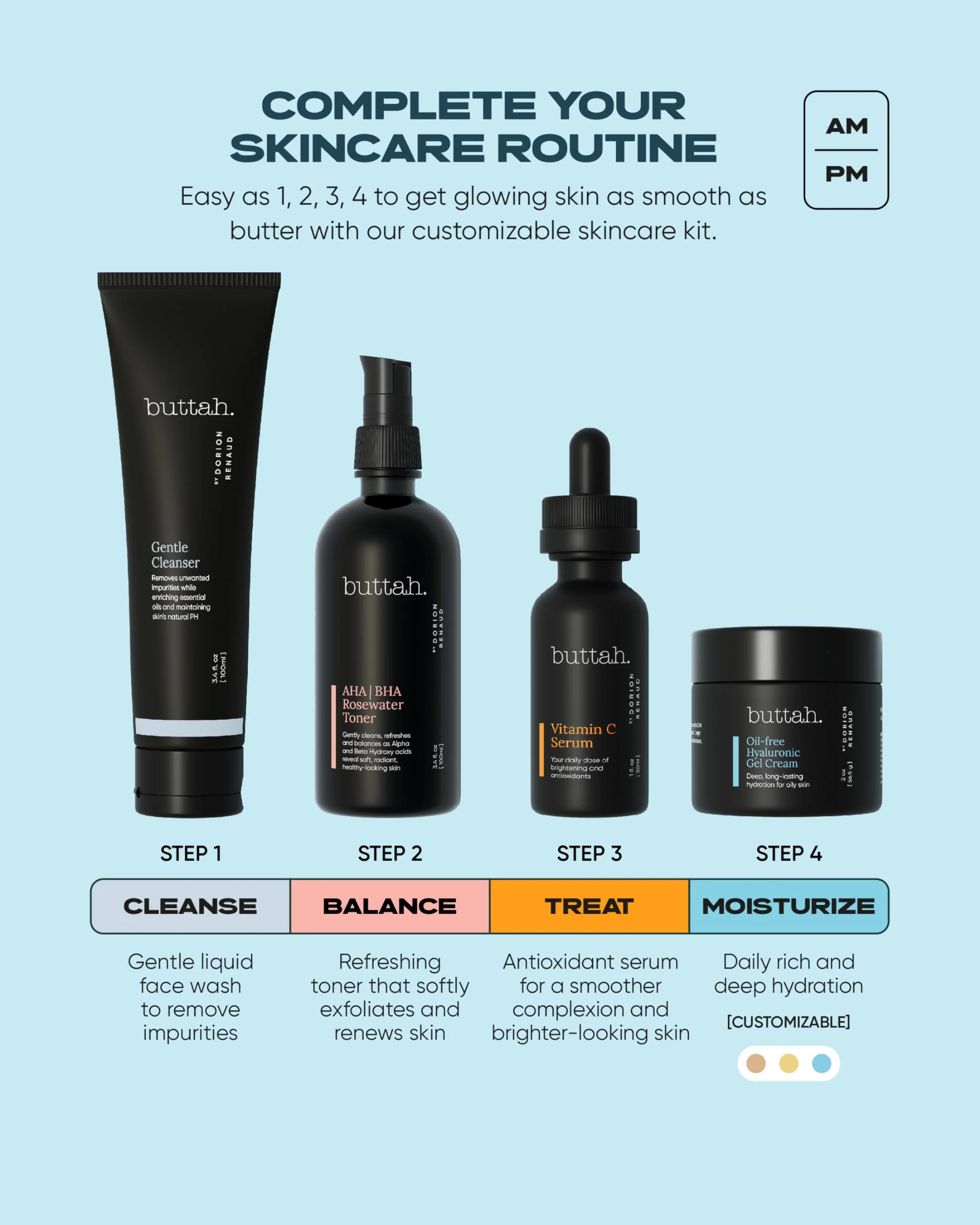 Buttah Skin Supreme Kit for Melanin Rich Skin | Oil-Free Hyaluronic Gel Cream 2 oz | Vitamin C Serum 1 oz | Cleanser 3.4 oz | Rosewater Toner 3.4 oz | Black Owned Skincare - Image 3