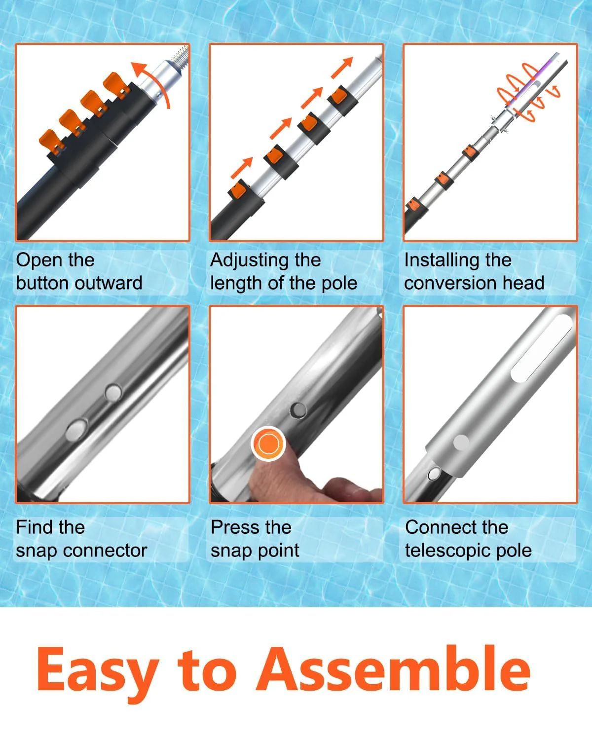 Buyplus Pool Pole - Upgraded 16 Foot Telescopic Extendable Swimming Pool Pole with 4-16FT Aluminium Heavy Duty Extension Pole for Skimmer Nets, Rakes, Brushes and Vacuum Heads, Universal 1.25", Orange - Image 2