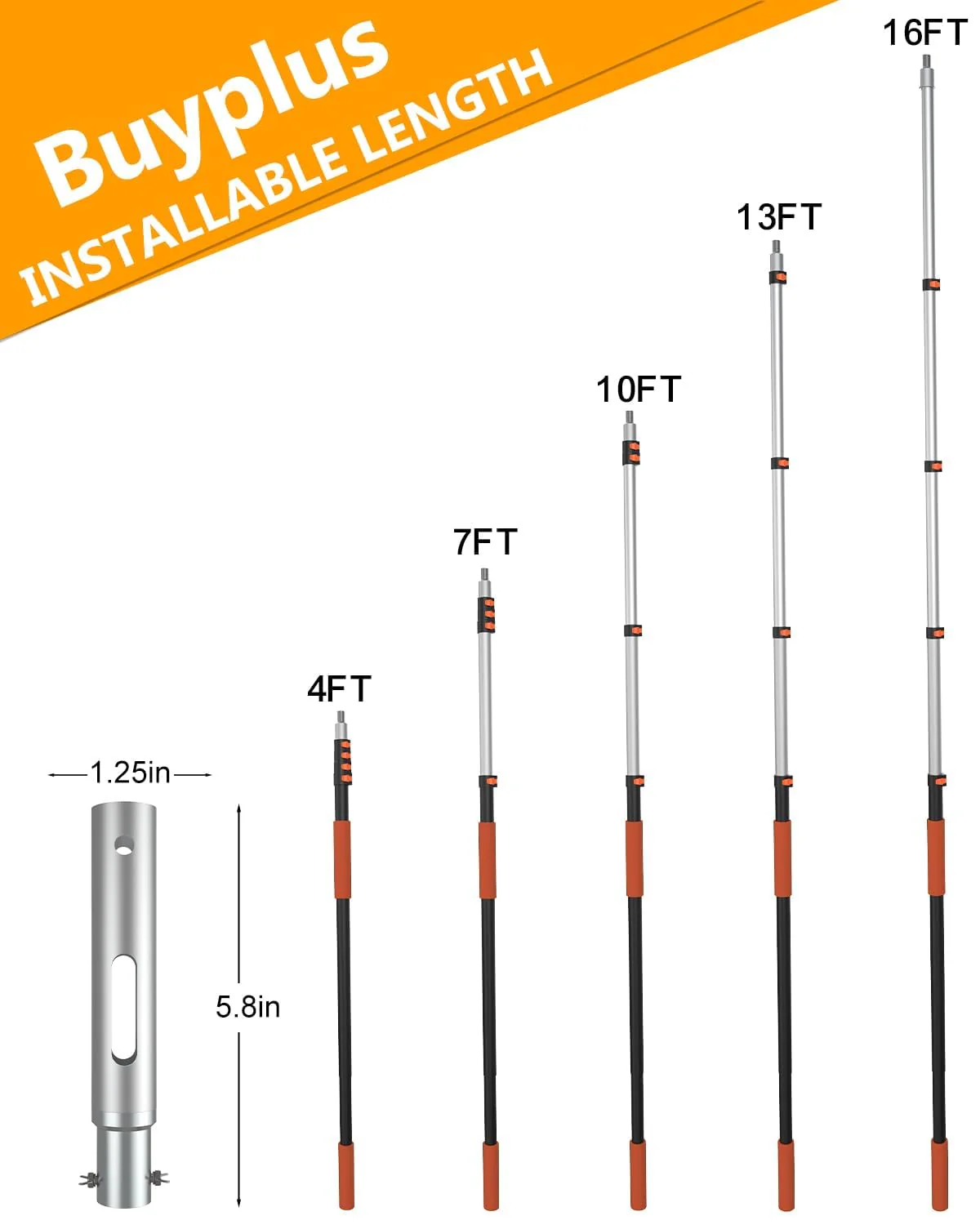 Buyplus Pool Pole - Upgraded 16 Foot Telescopic Extendable Swimming Pool Pole with 4-16FT Aluminium Heavy Duty Extension Pole for Skimmer Nets, Rakes, Brushes and Vacuum Heads, Universal 1.25", Orange - Image 4