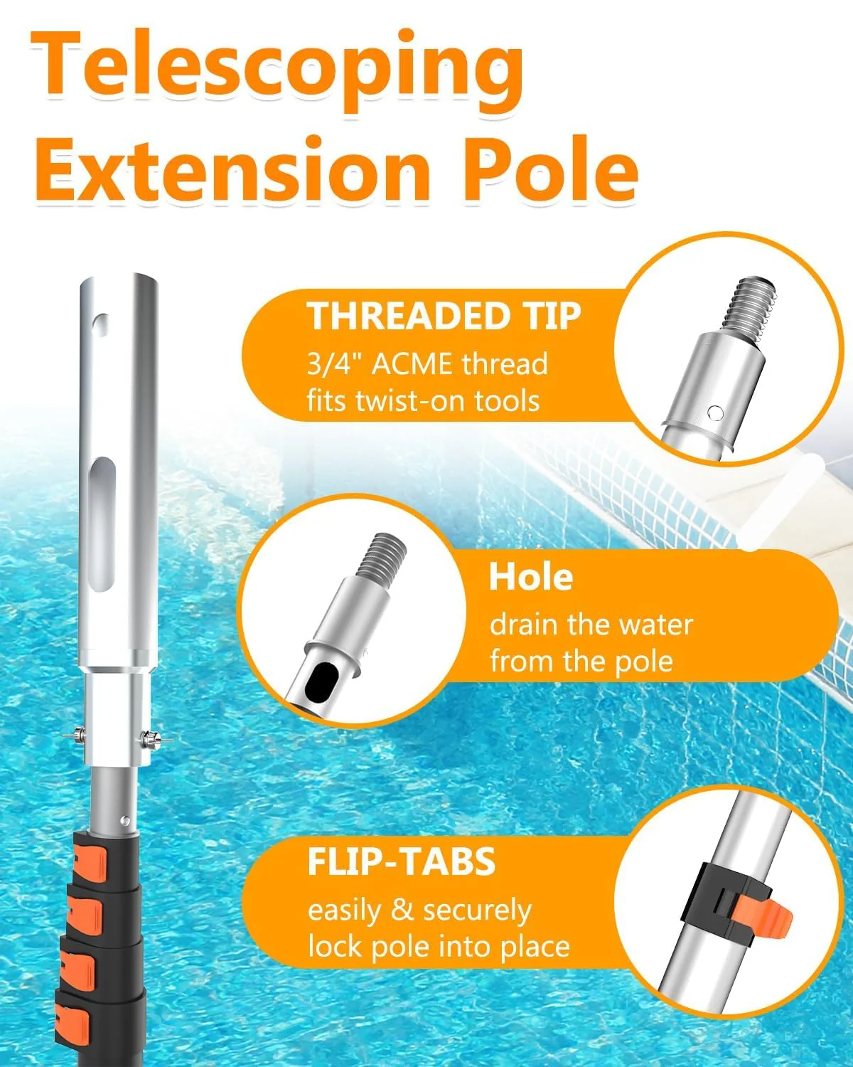 Buyplus Pool Pole - Upgraded 16 Foot Telescopic Extendable Swimming Pool Pole with 4-16FT Aluminium Heavy Duty Extension Pole for Skimmer Nets, Rakes, Brushes and Vacuum Heads, Universal 1.25", Orange - Image 5