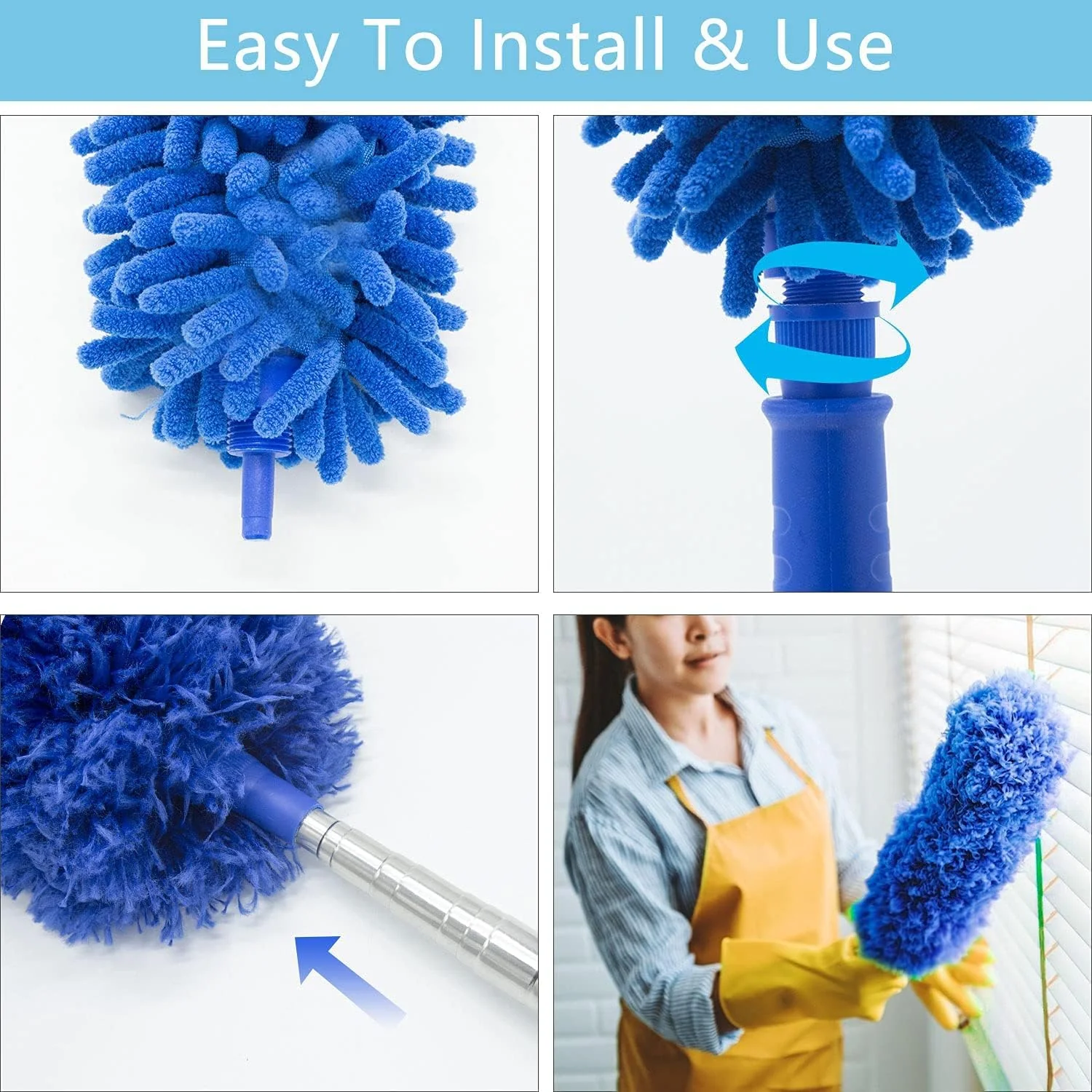 Buysenton Cobweb Duster with Extension Pole, Washable Cleaning Duster Kit with 3 Duster Heads, Cobweb Duster, Corner Brush, 15-100 Inch Long Aluminum Telescoping Pole for Ceiling Fan (Blue) - Image 3