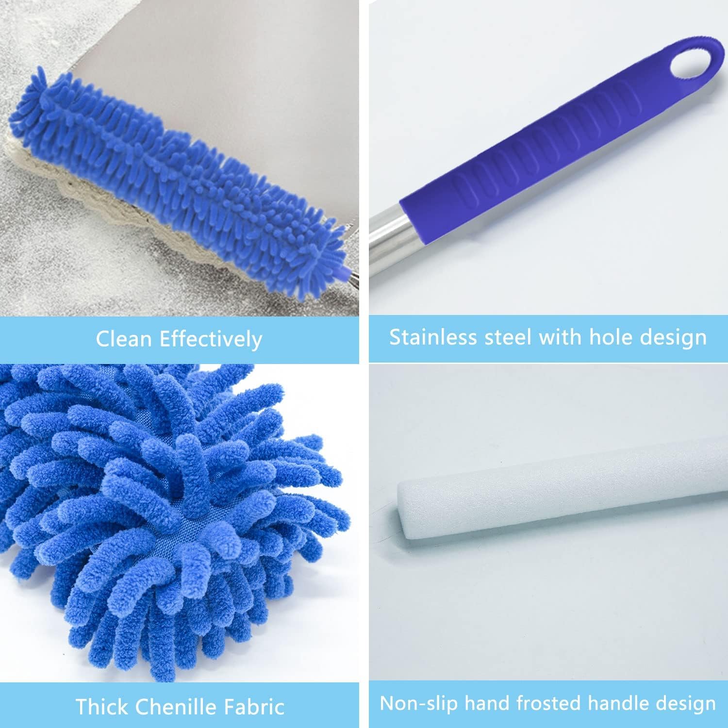 Buysenton Cobweb Duster with Extension Pole, Washable Cleaning Duster Kit with 3 Duster Heads, Cobweb Duster, Corner Brush, 15-100 Inch Long Aluminum Telescoping Pole for Ceiling Fan (Blue) - Image 4