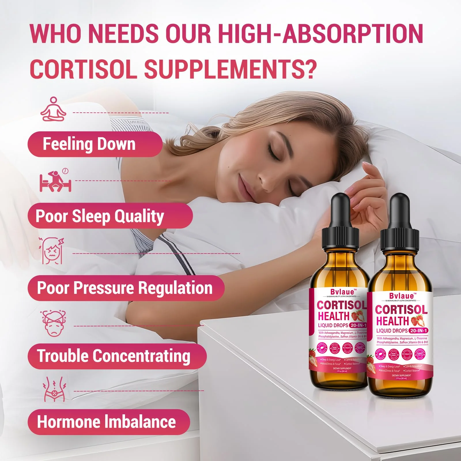 Bvlaue Cortisol Supplements Detox for Women - 20-in-1 Cortisol Reducer,Manager,Lower w/Ashwagandha,Magnesium,L-Theanine,Saffron,Rhodiola for Hormone Balance/Sleep/Stress Relief,Strawberry Flavor - Image 3