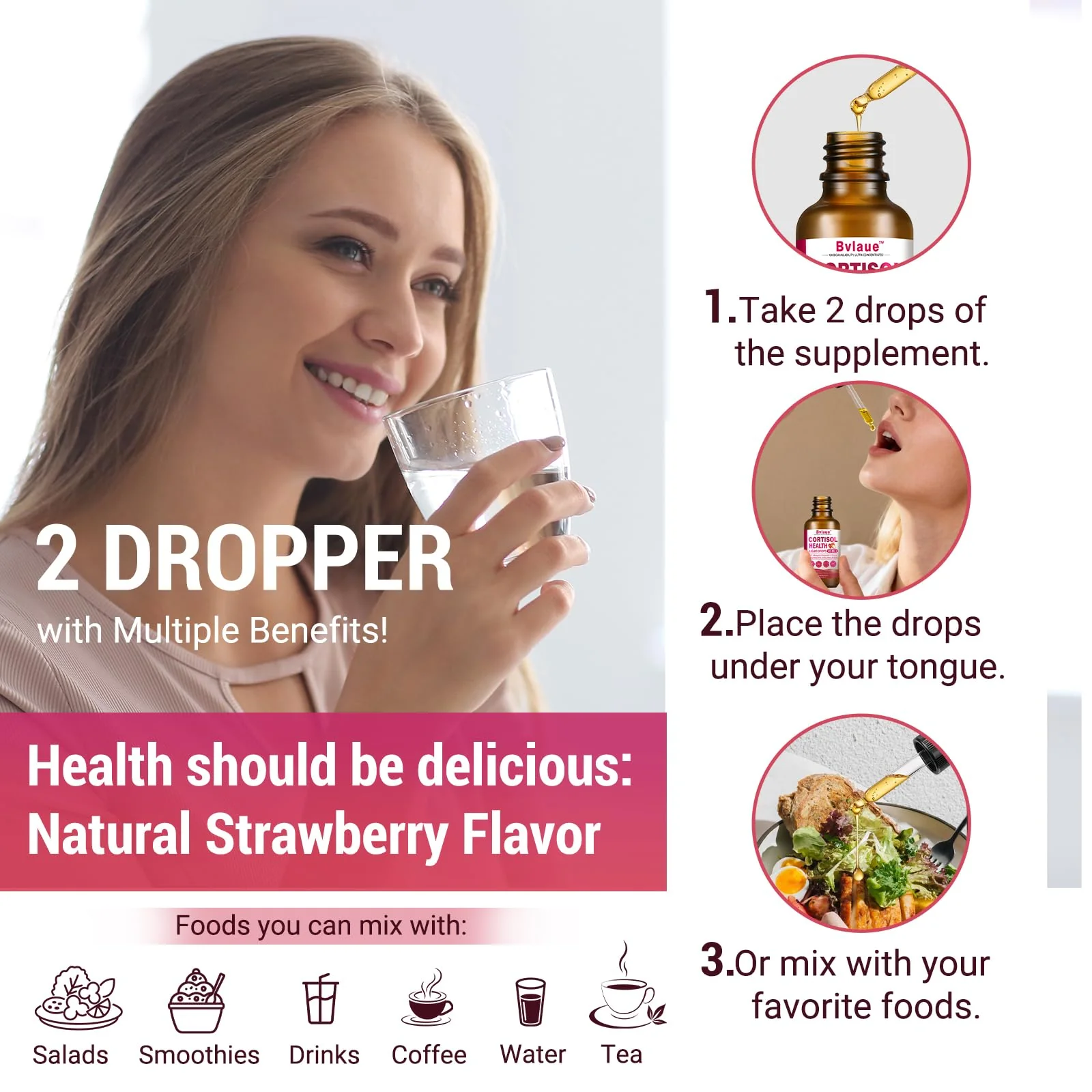 Bvlaue Cortisol Supplements Detox for Women - 20-in-1 Cortisol Reducer,Manager,Lower w/Ashwagandha,Magnesium,L-Theanine,Saffron,Rhodiola for Hormone Balance/Sleep/Stress Relief,Strawberry Flavor - Image 4