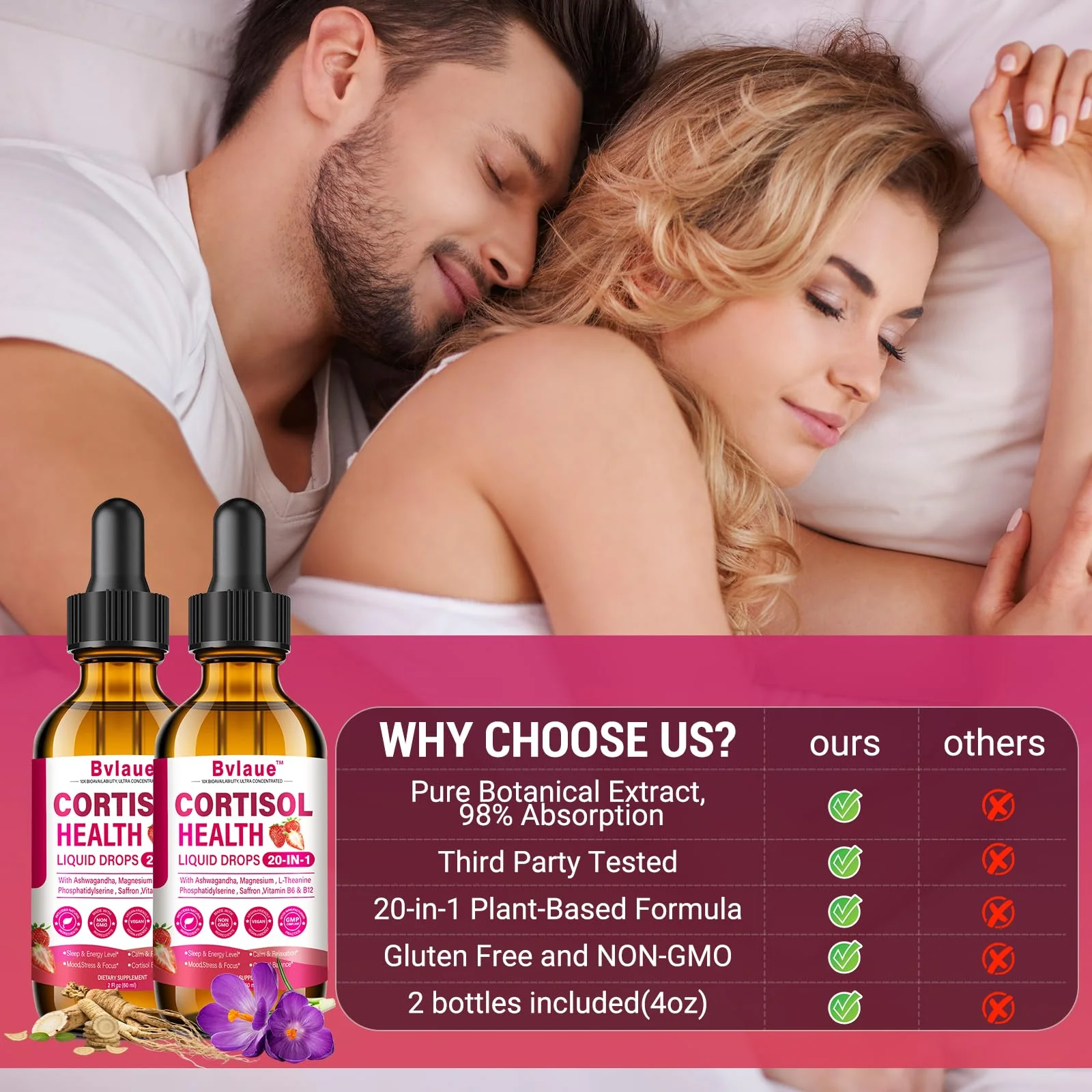 Bvlaue Cortisol Supplements Detox for Women - 20-in-1 Cortisol Reducer,Manager,Lower w/Ashwagandha,Magnesium,L-Theanine,Saffron,Rhodiola for Hormone Balance/Sleep/Stress Relief,Strawberry Flavor - Image 6