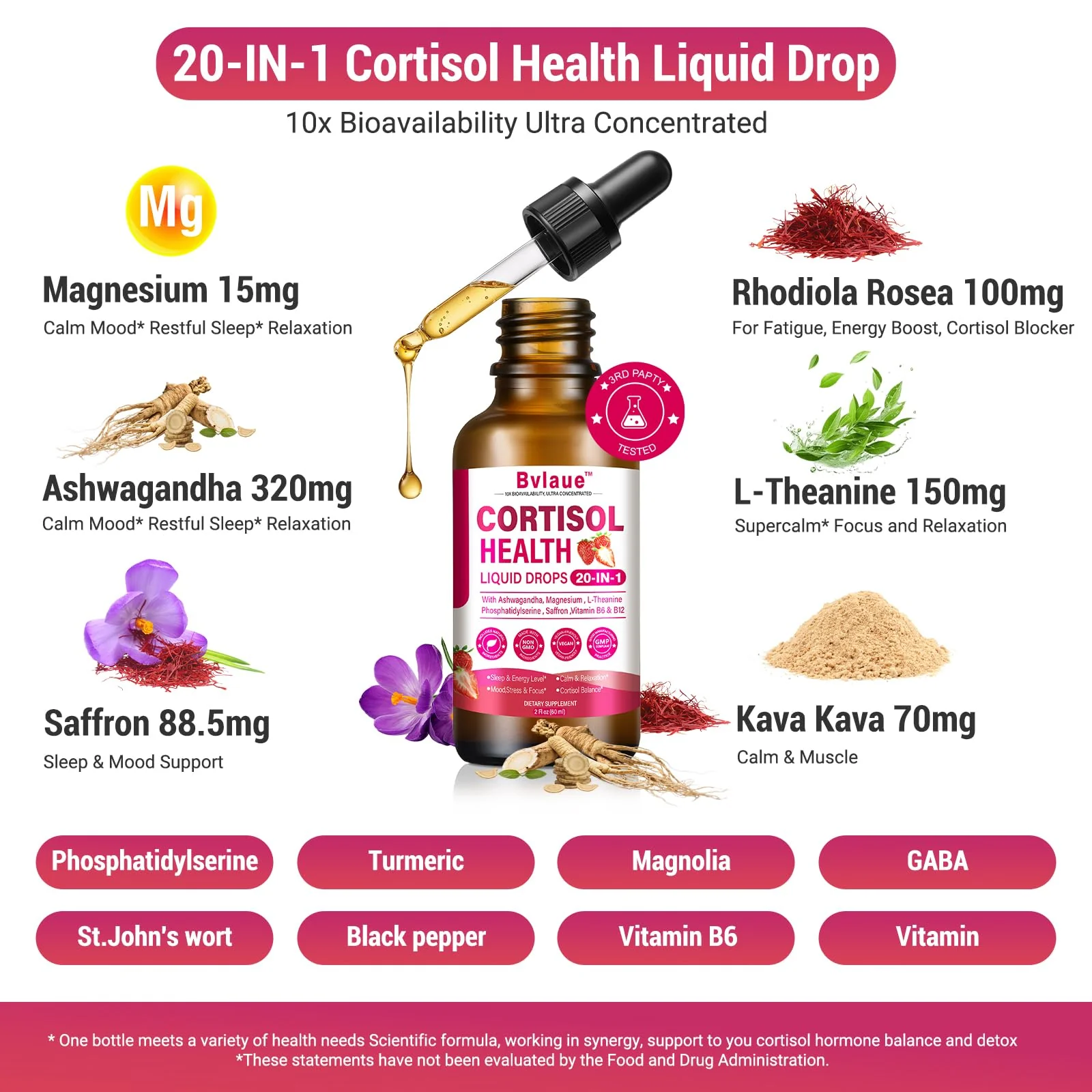 Bvlaue Cortisol Supplements Detox for Women - 20-in-1 Cortisol Reducer,Manager,Lower w/Ashwagandha,Magnesium,L-Theanine,Saffron,Rhodiola for Hormone Balance/Sleep/Stress Relief,Strawberry Flavor - Image 9