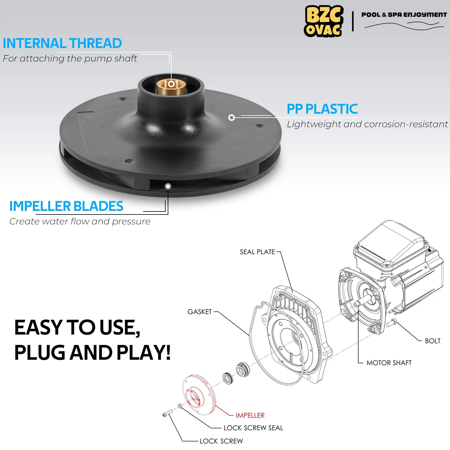 Bzcovac 073129 Impeller Compatible with WhisperFlo 1HP 1.5 HP and 2 HP Pool and Spa Pump, Black - Image 6