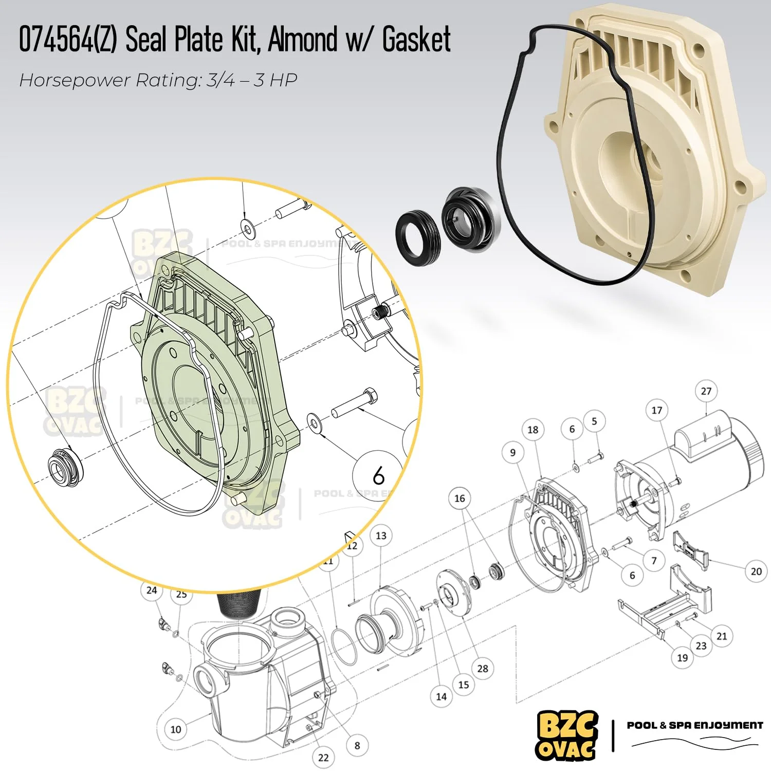 Bzcovac 074564 Seal Plate Kit Compatible with Pentair Whisperflo & Intelliflo Pool Pumps, Includes PS-1000 & Seal Plate Gasket, Replaces 25357-300-000 V20-208 - Image 6