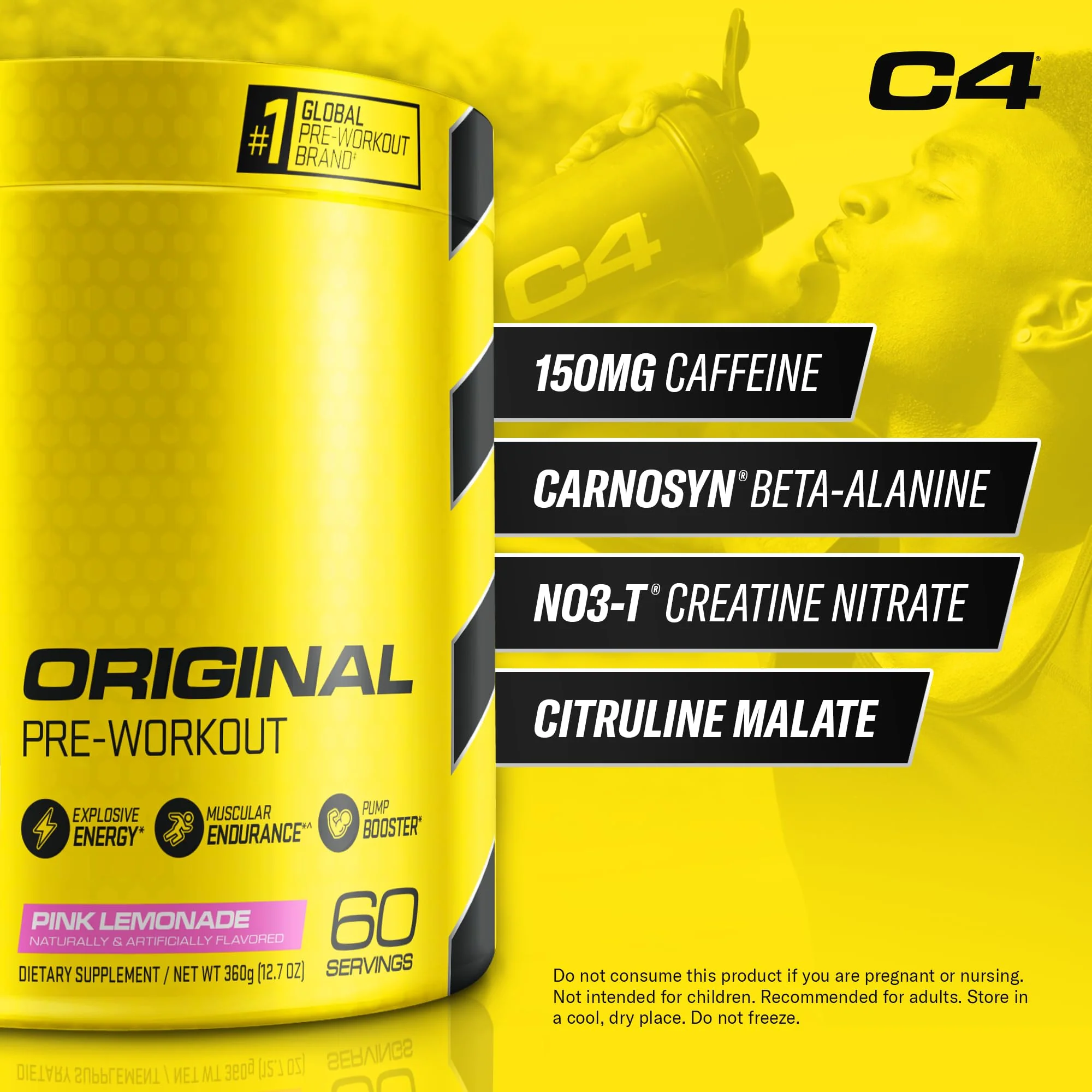 C4 Original Pre Workout Powder Pink Lemonade Vitamin C for Immune Support Sugar Free Preworkout Energy for Men & Women 150mg Caffeine + Beta Alanine + Creatine 60 Servings - Image 2