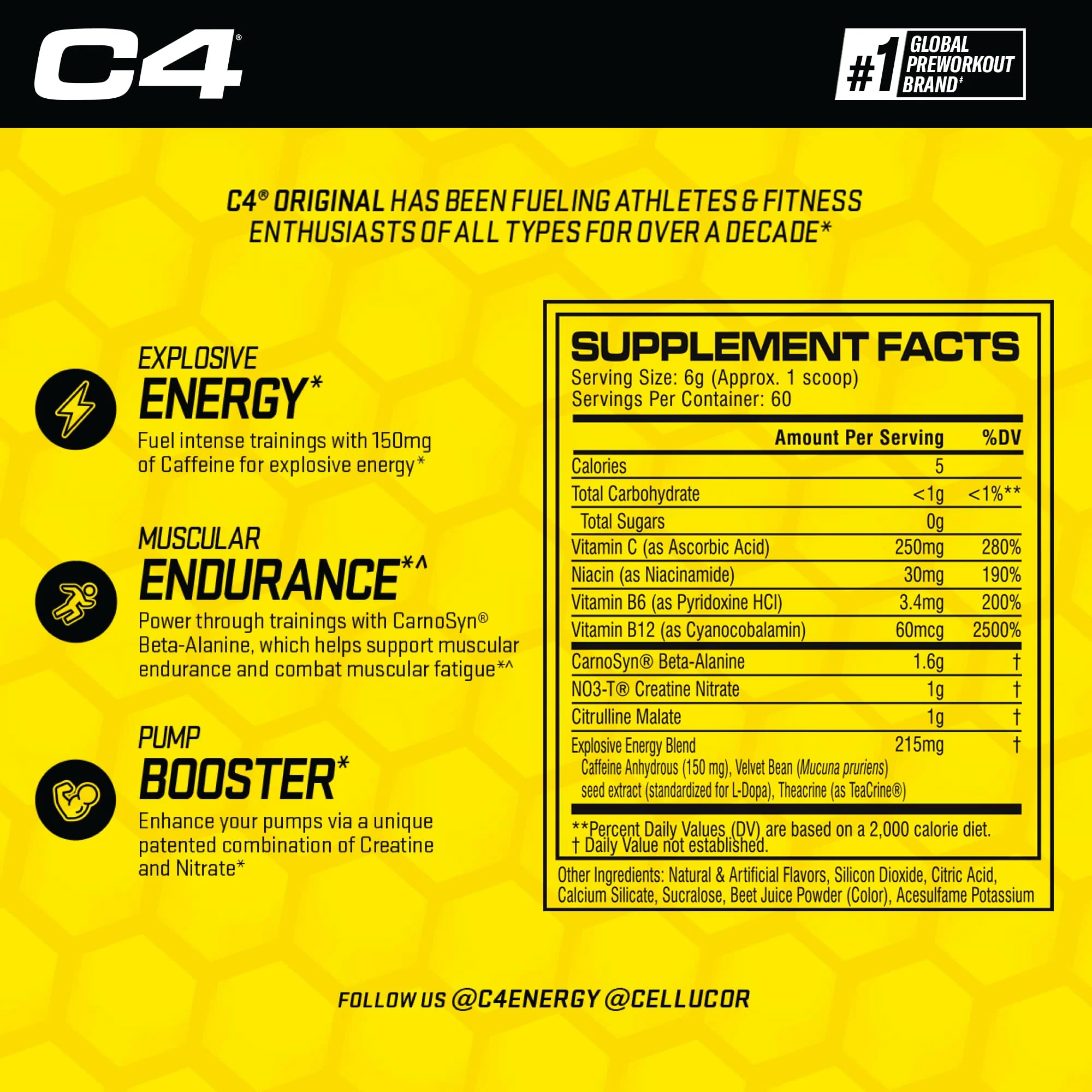C4 Original Pre Workout Powder Pink Lemonade Vitamin C for Immune Support Sugar Free Preworkout Energy for Men & Women 150mg Caffeine + Beta Alanine + Creatine 60 Servings - Image 3