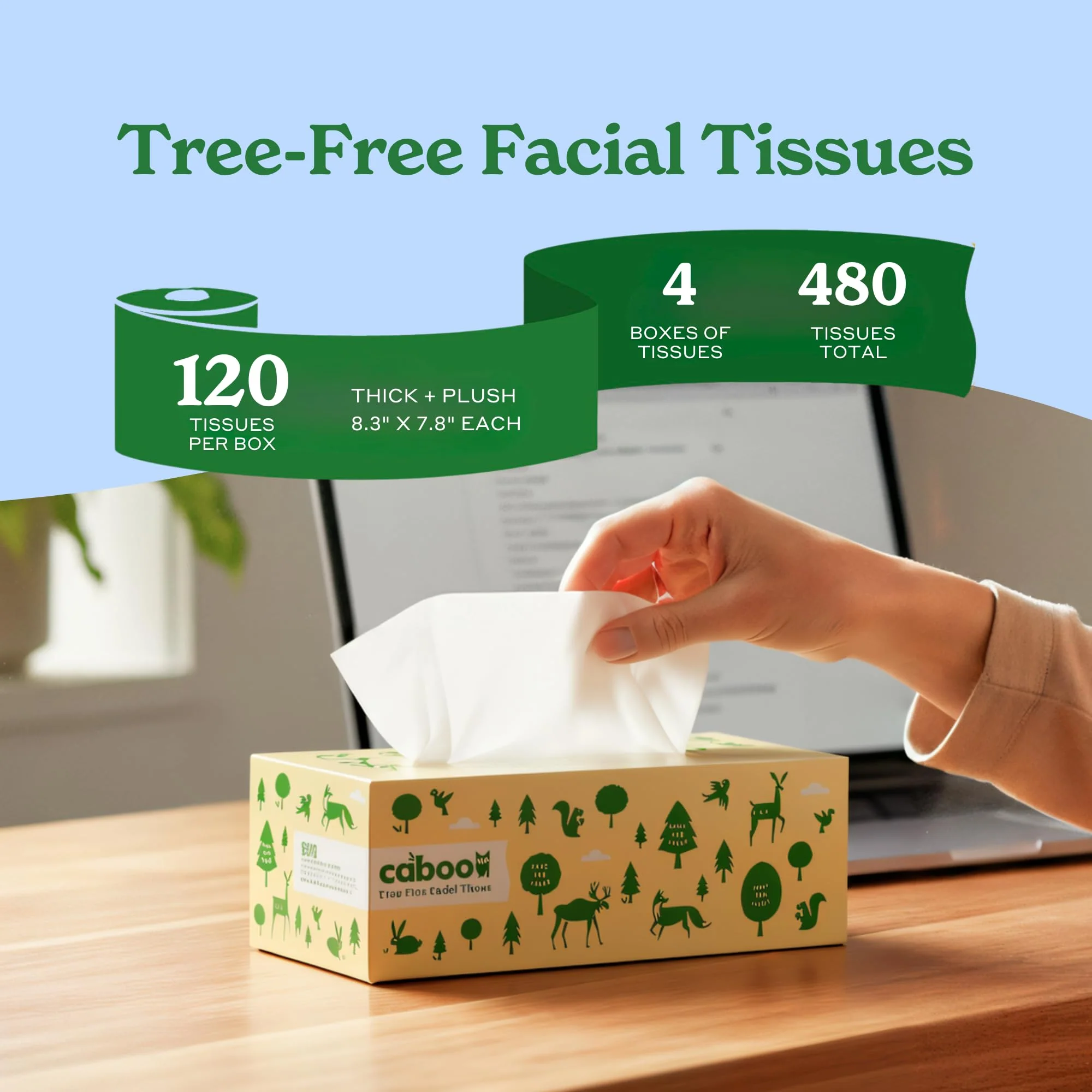 Caboo Tree Free Facial Tissue Paper, Tree Free, Eco Friendly 3 Ply Tissue Flat Box - 120 Sheets Per Box, Total of 4 Boxes, 480 Total Tissues - Image 8