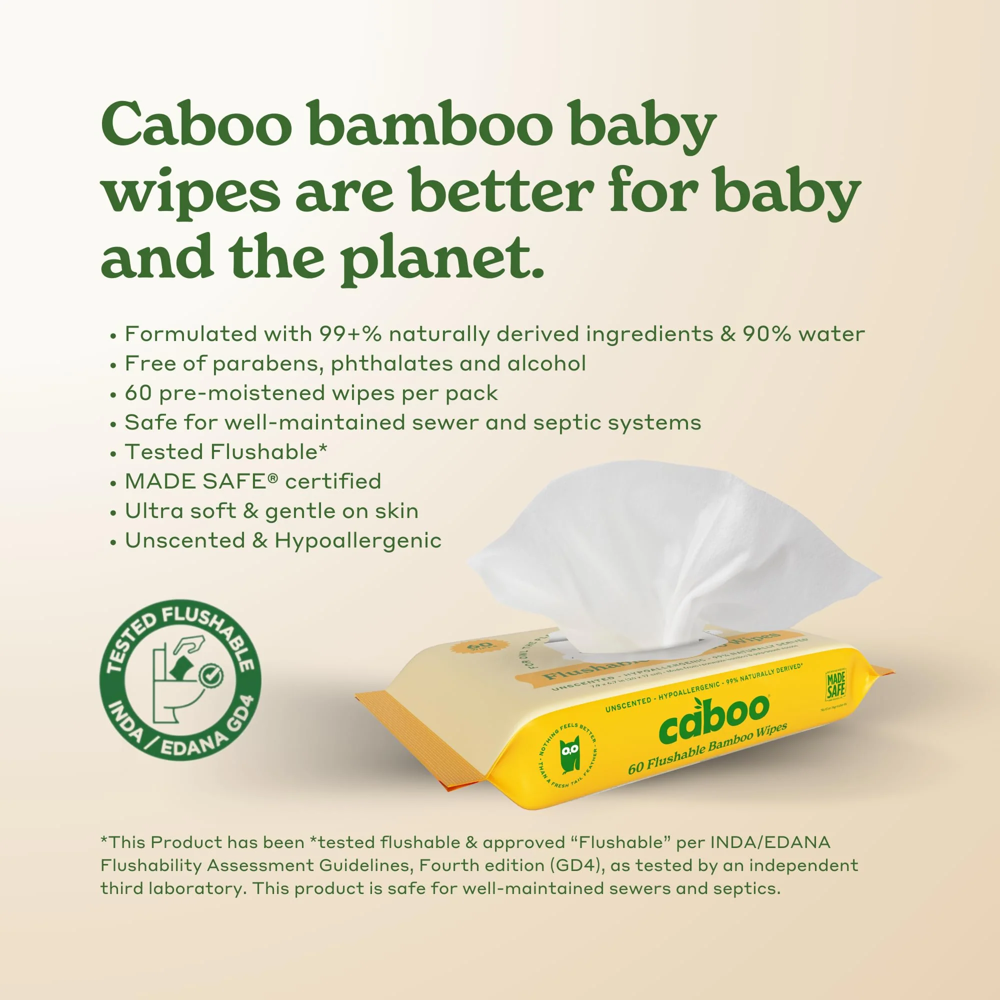 Caboo Tree Free Flushable Wipes, Certified Flushable, Septic Safe, Biodegradable, Chemical Free, Unscented Wipes for Adults made with Renewable Bamboo Based Viscose (Pack of 3, Total of 180) - Image 3